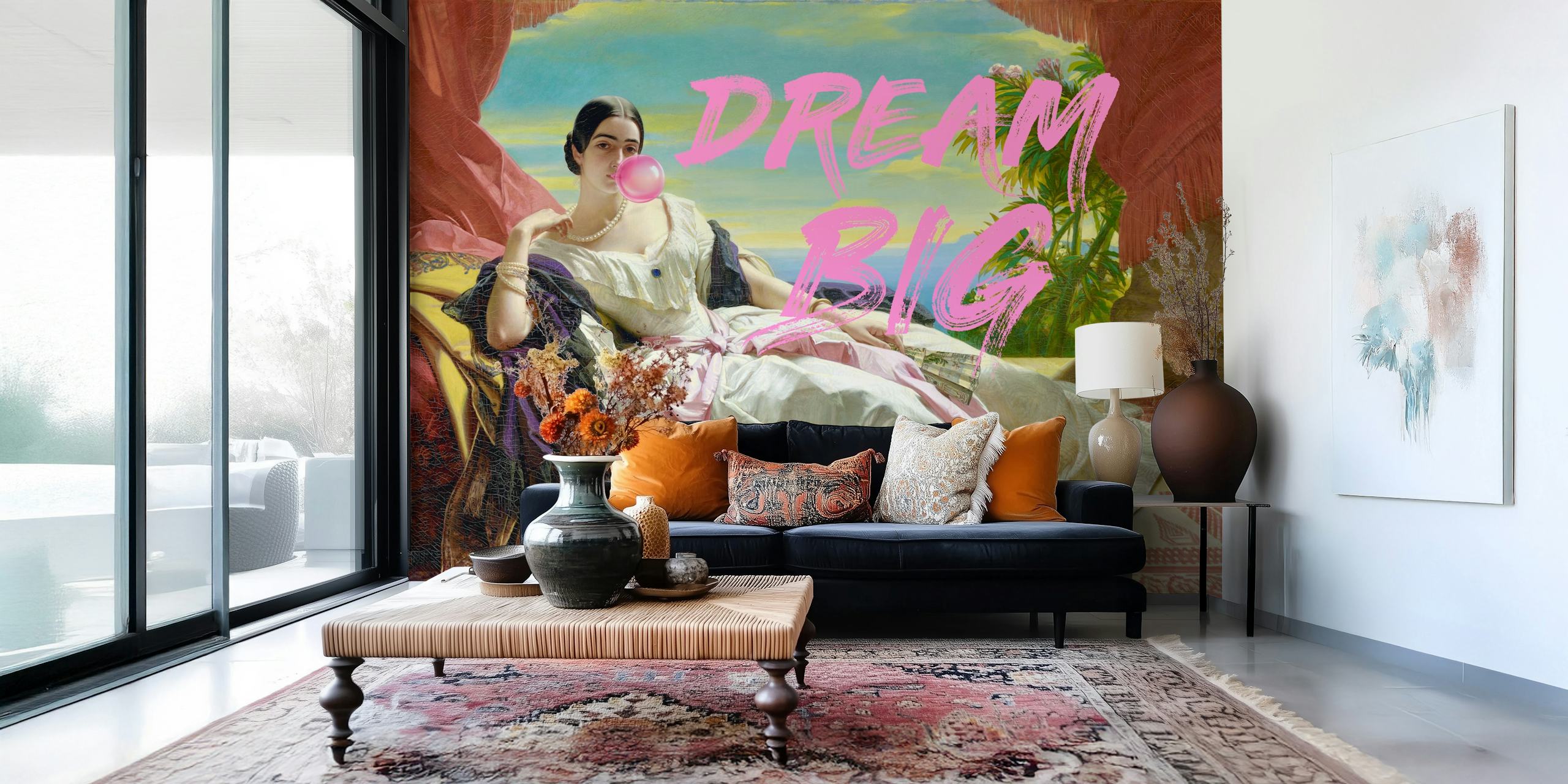 Vintage wallpaper featuring a woman blowing gum, pink accents, classical style