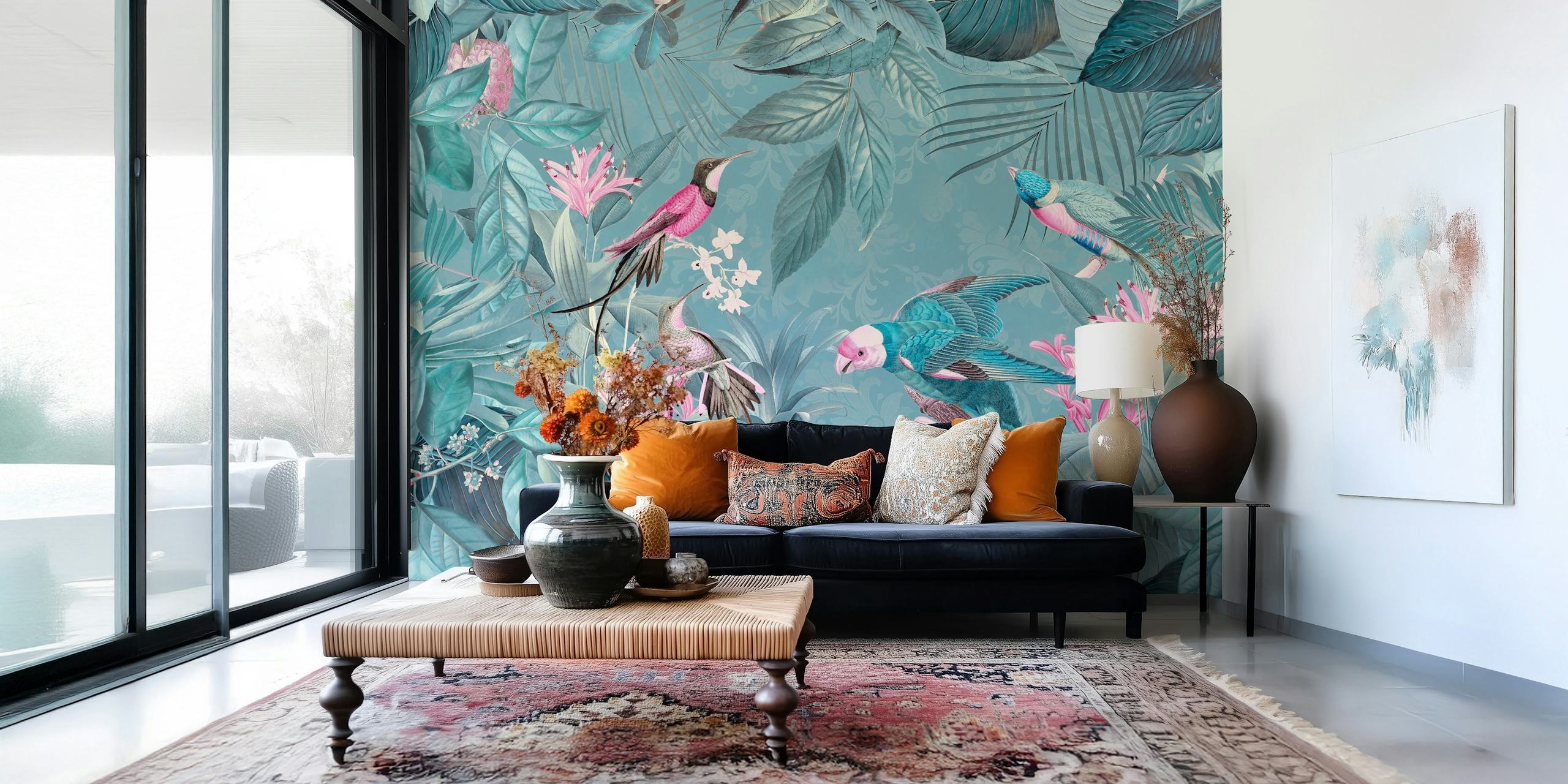 Pastel-colored wall mural of a jungle with various birds and tropical foliage
