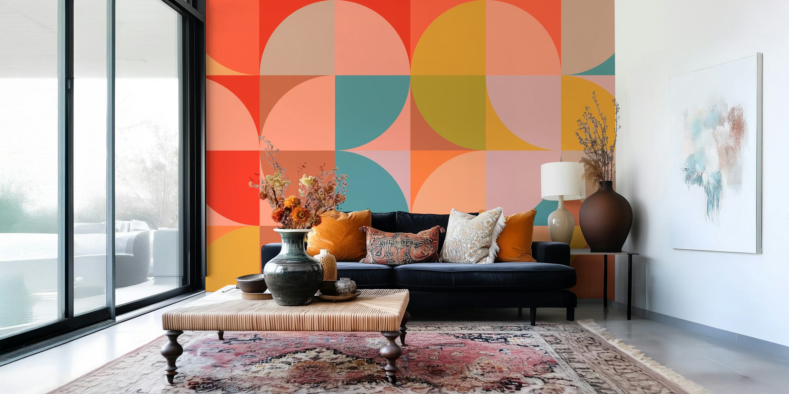 Bauhaus-inspired geometric pattern wall mural with mid-century color scheme