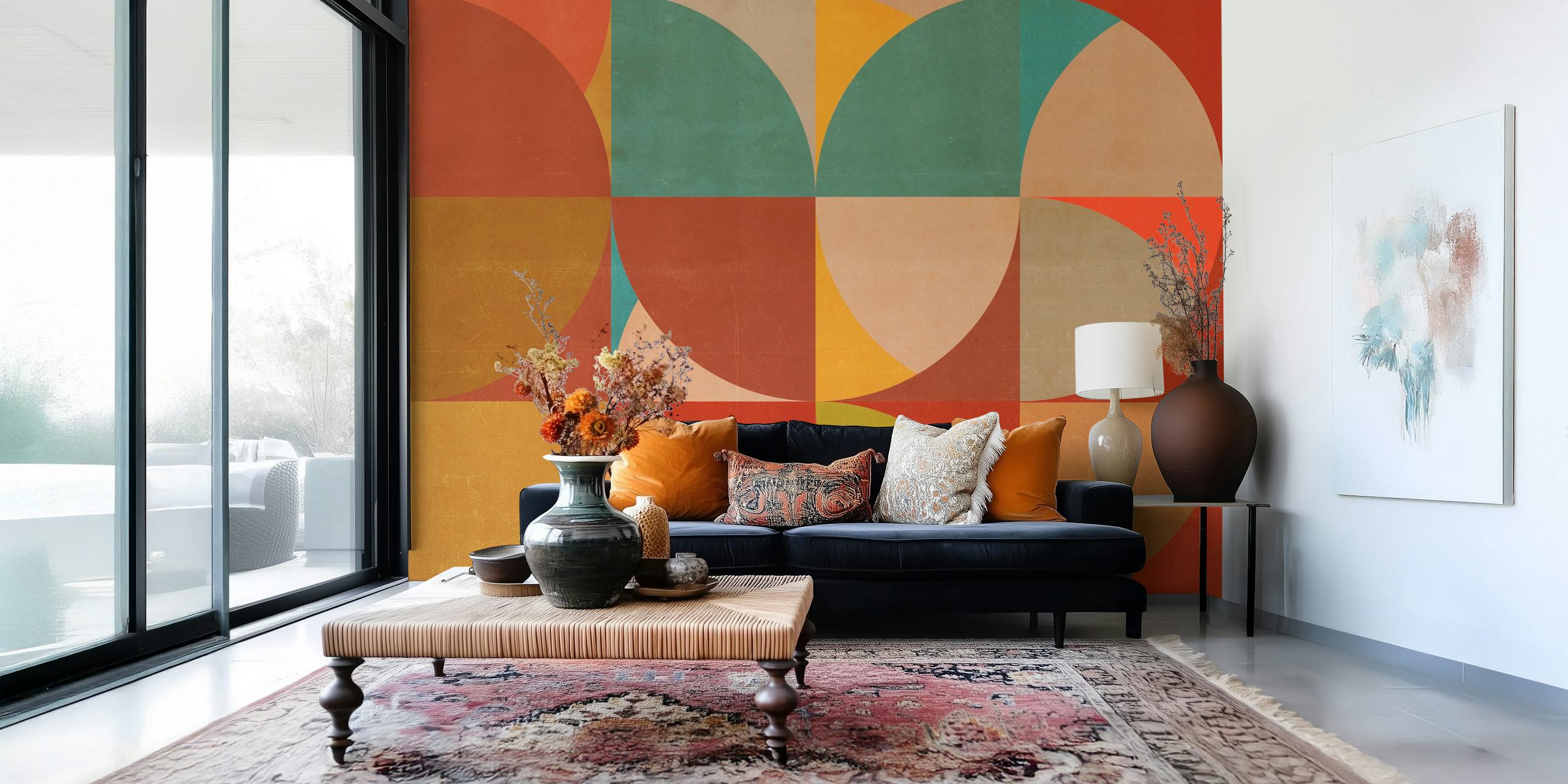 Geometric abstract shapes in red, green, orange, and blue wallpaper