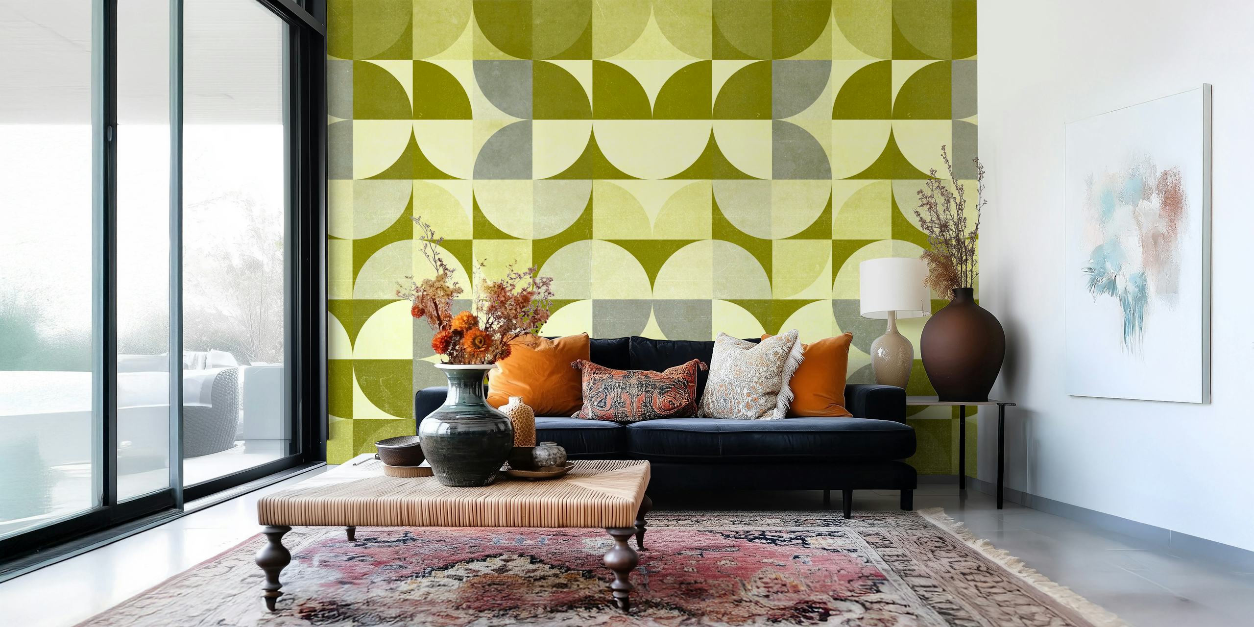 Geometric pattern in shades of sage green and gray wallpaper