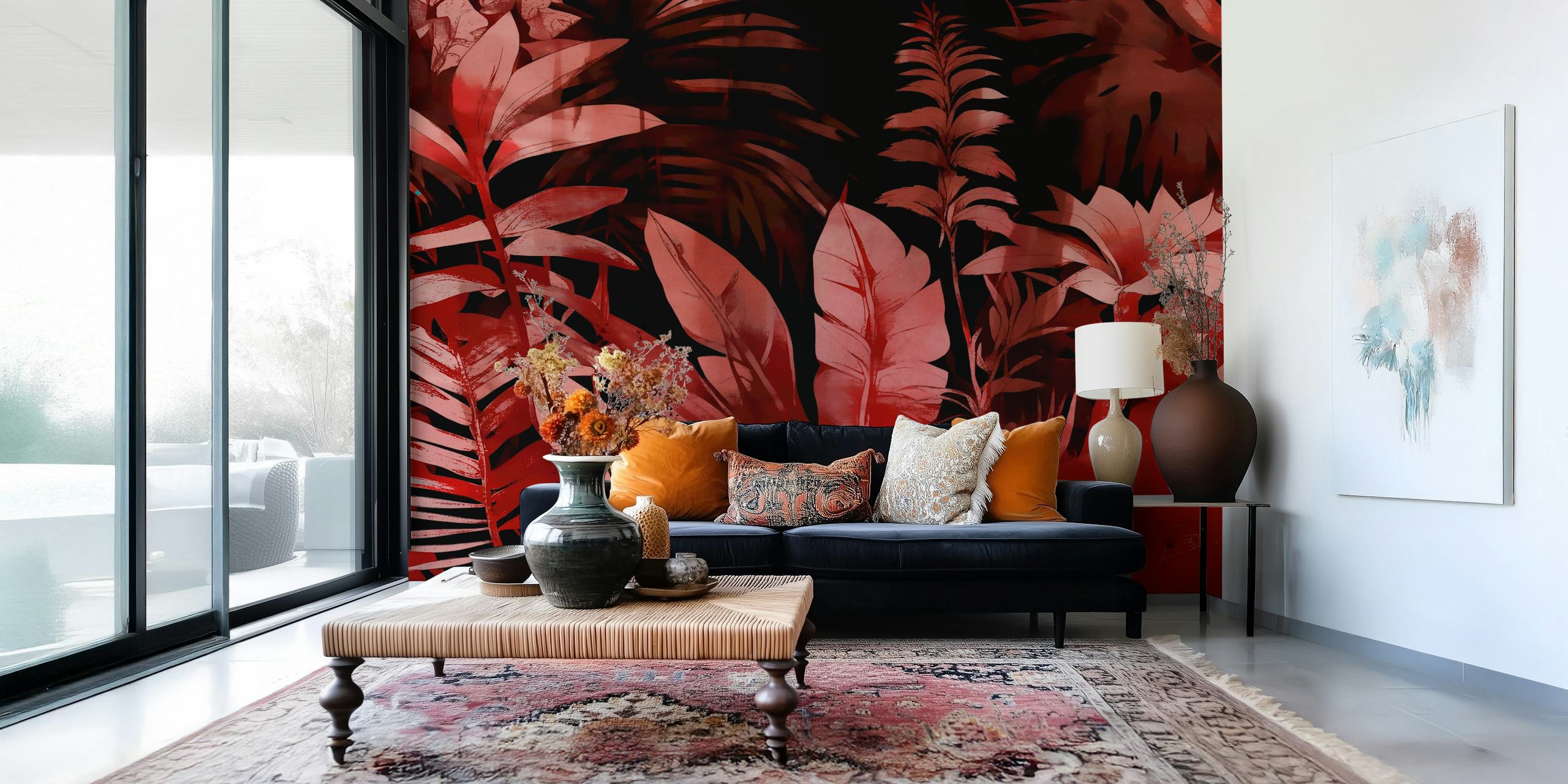 Moody botanical wall mural in deep red shades with lush foliage design