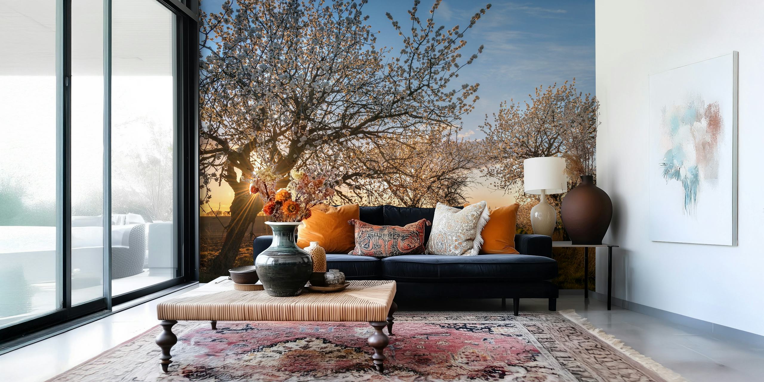 Cherry blossom wallpaper enhancing a room