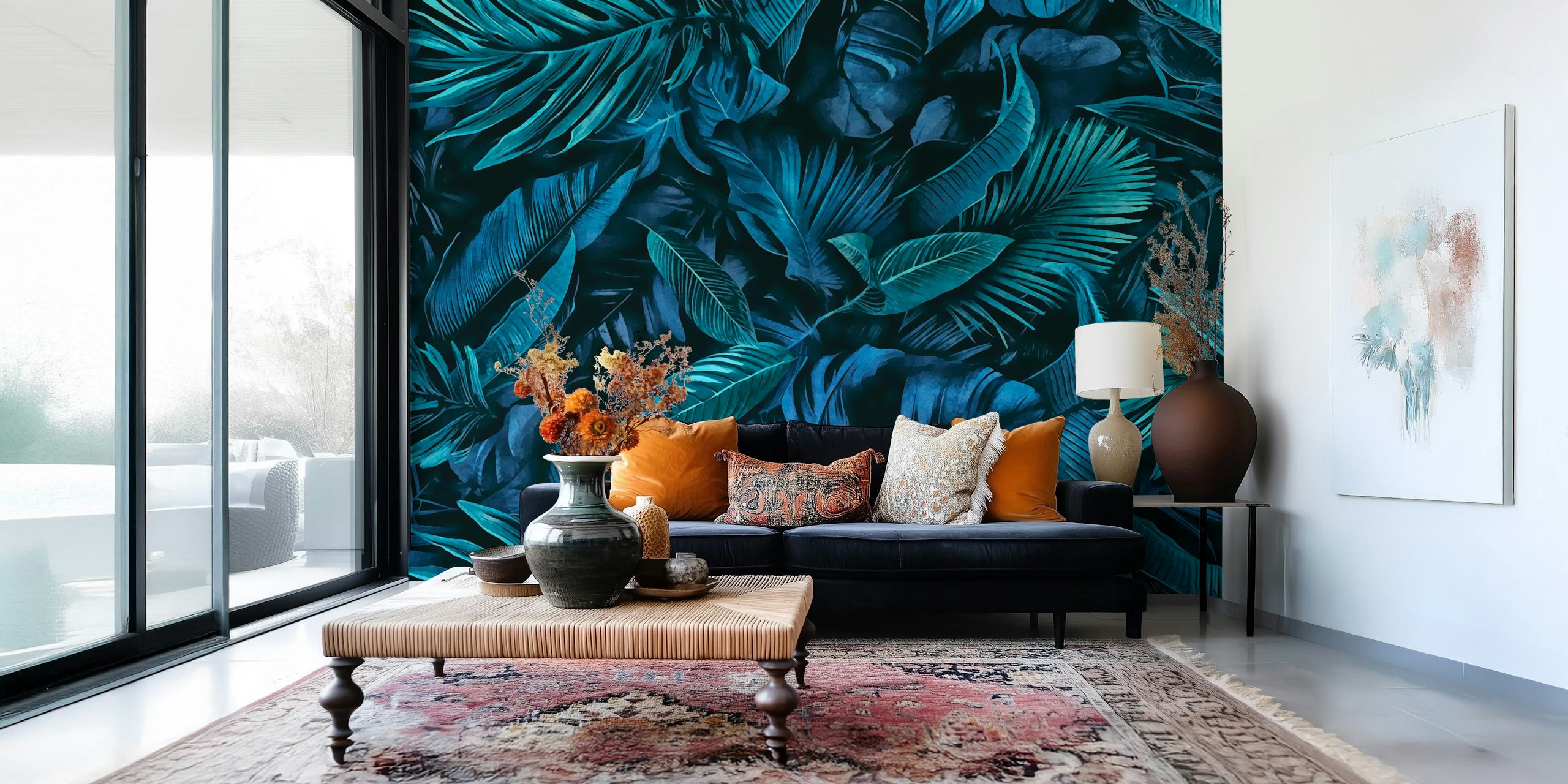 Tropical leaf pattern wallpaper in various shades of blue
