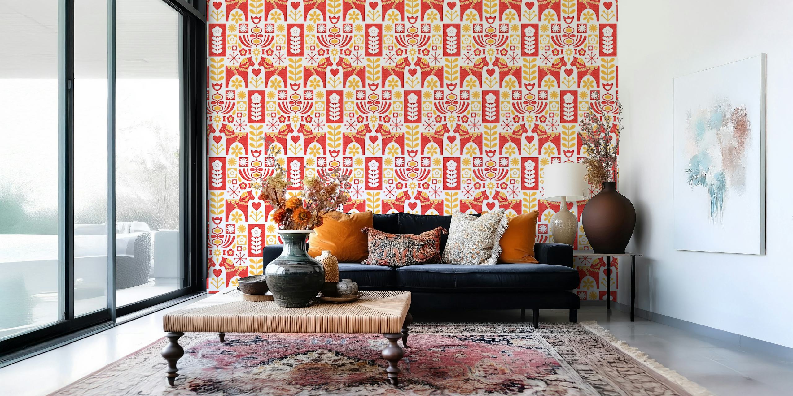Decorazione murale con motivo di arte popolare svedese in stile moderno di metà secolo
