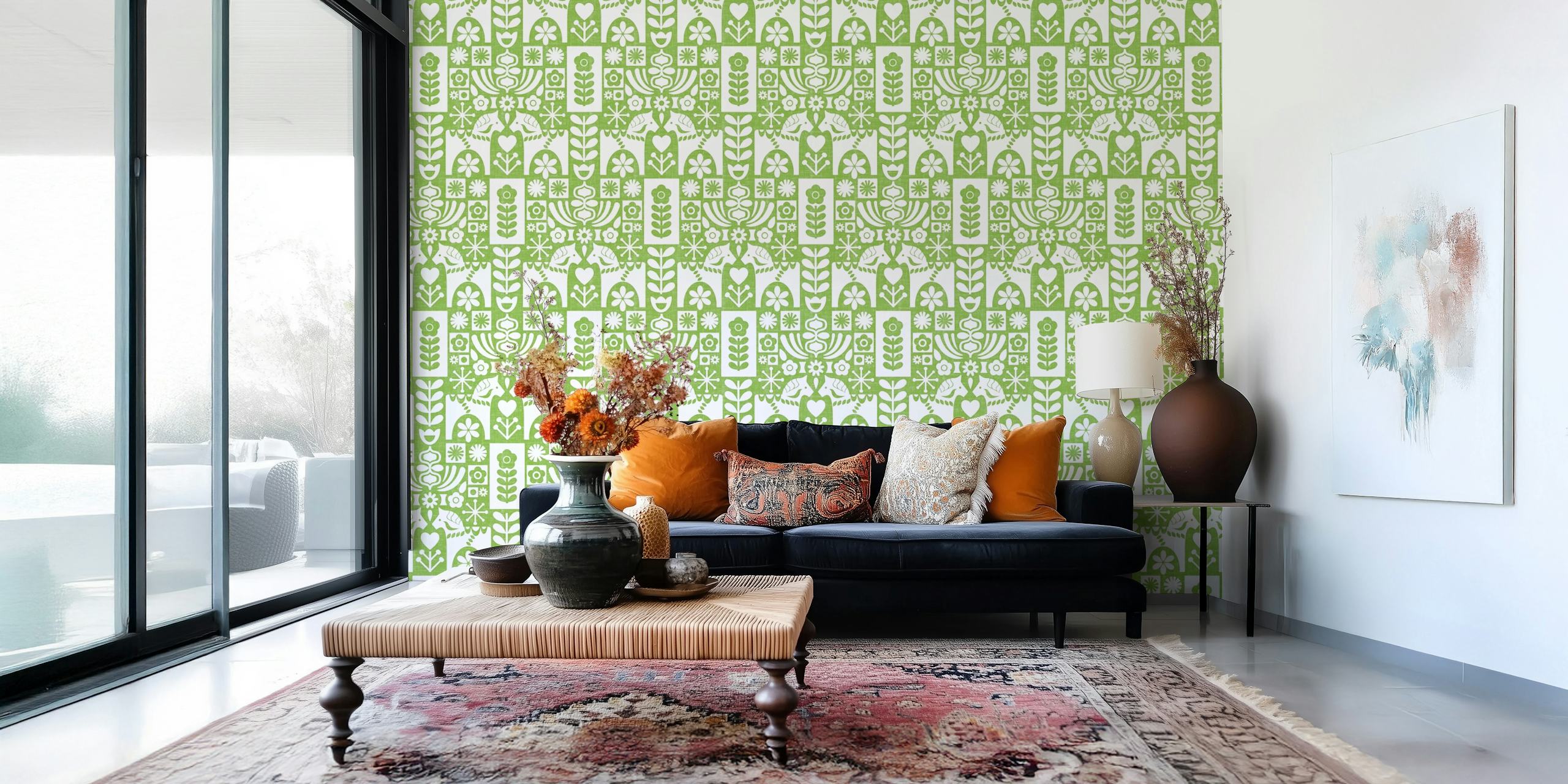 Green floral patterned wallpaper on a white background, mid-century modern style
