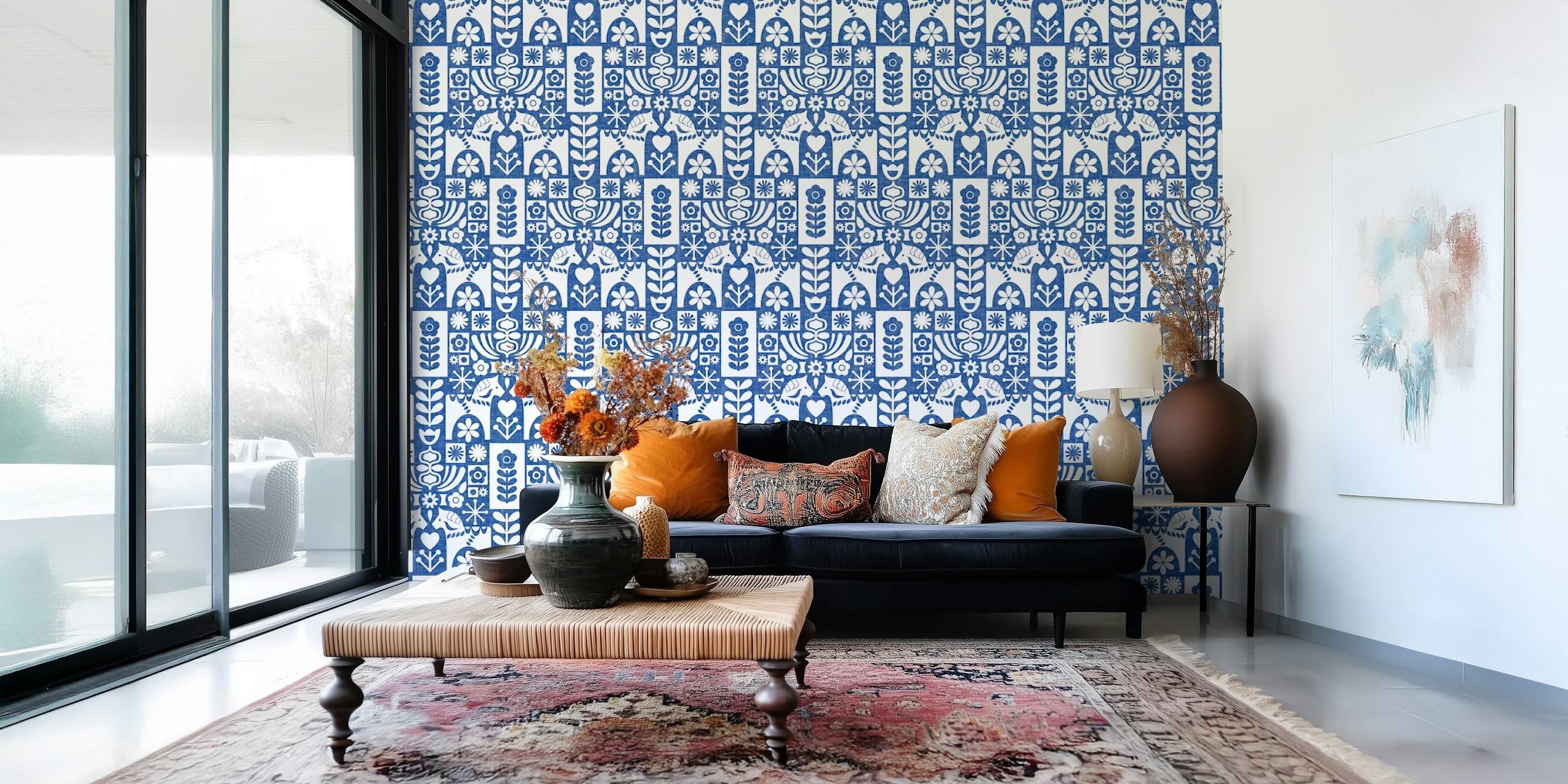 Swedish Folk Art Mid-Century Modern Blue Wall Mural with Floral and Geometric Patterns
