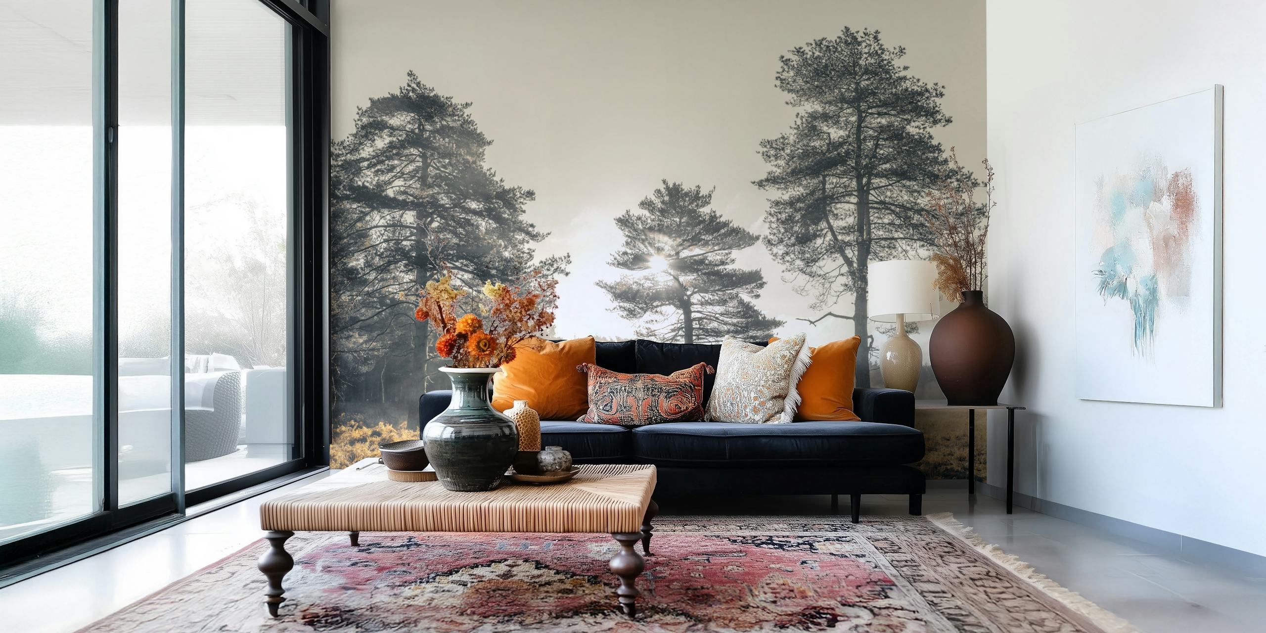 Black and white trees and mist in a forest wallpaper