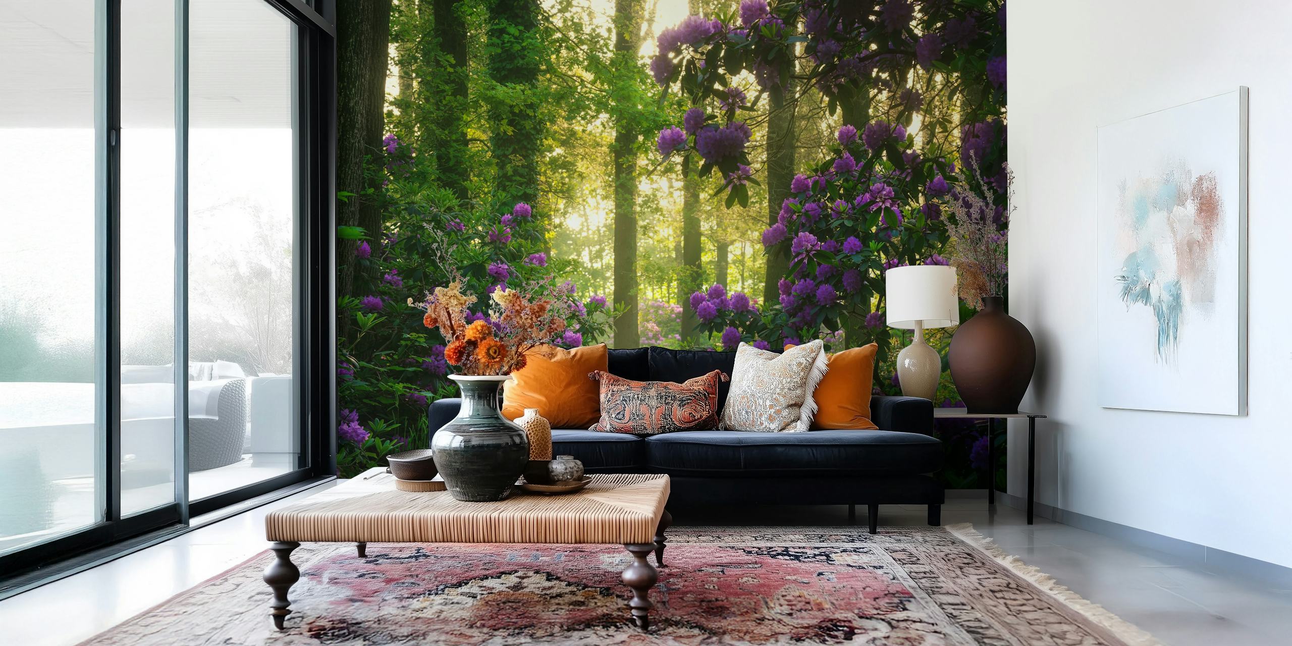 Floral wallpaper design in a lush setting