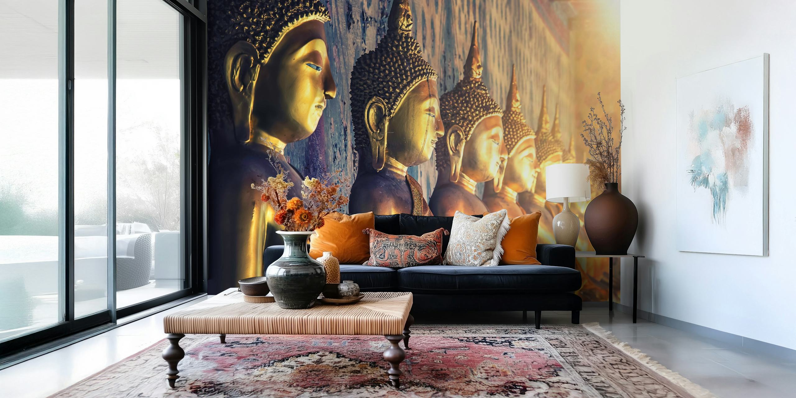 Golden Buddha statues on a patterned wall; decorative mural wallpaper