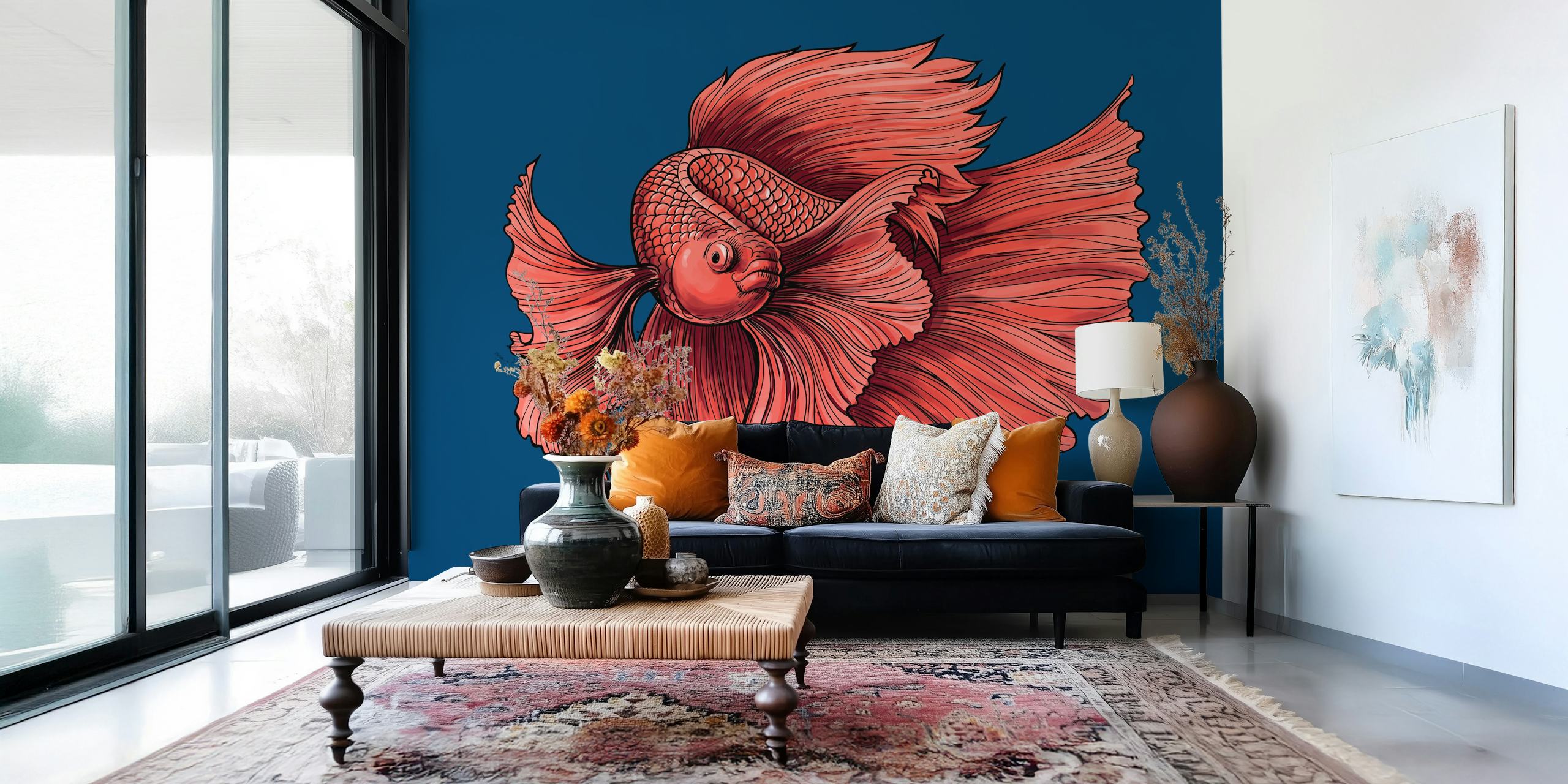 Siamese Fighting Fish wall mural on blue background