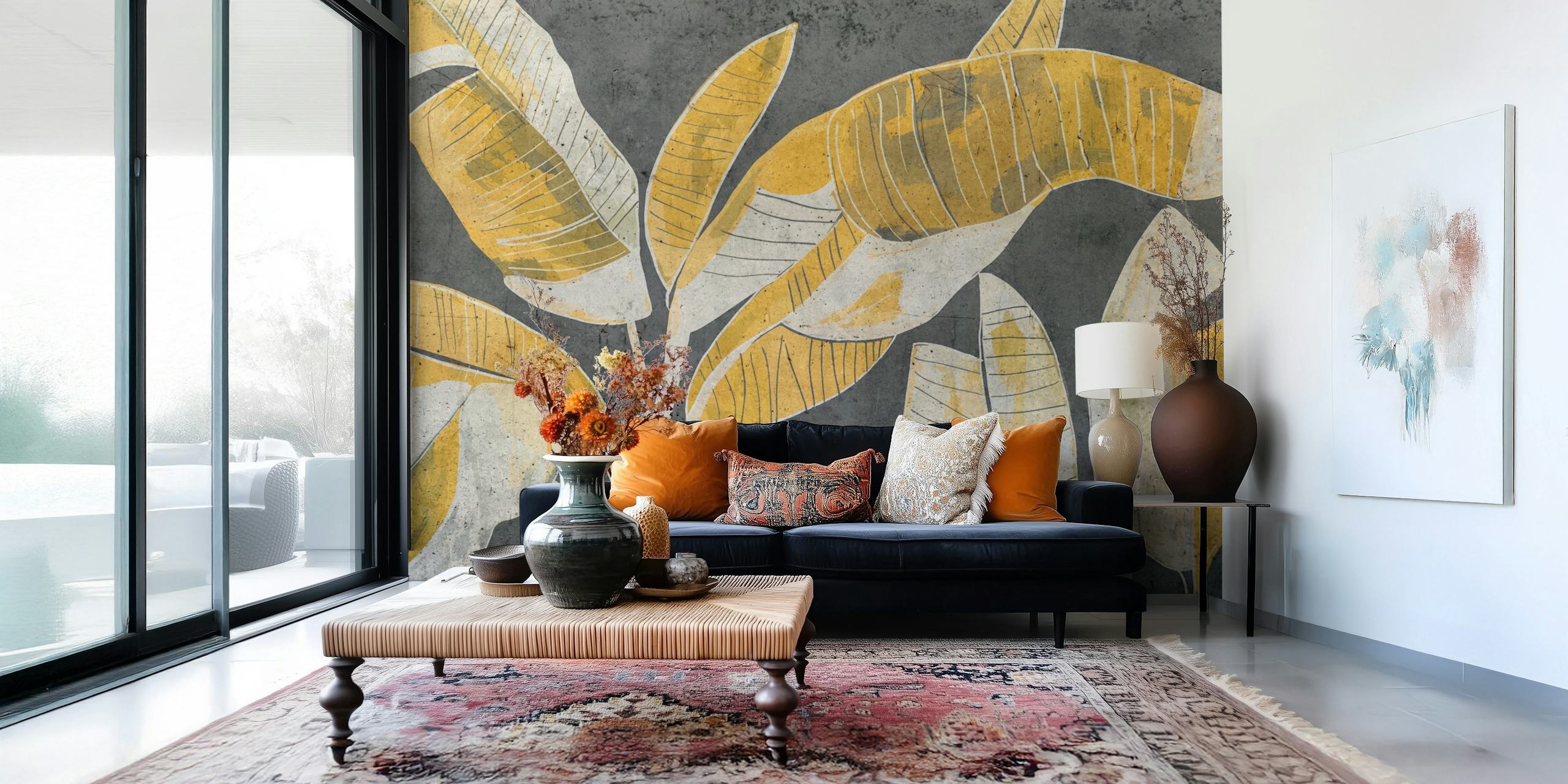 Tropical leaves in black and yellow colors on textured background wallpaper