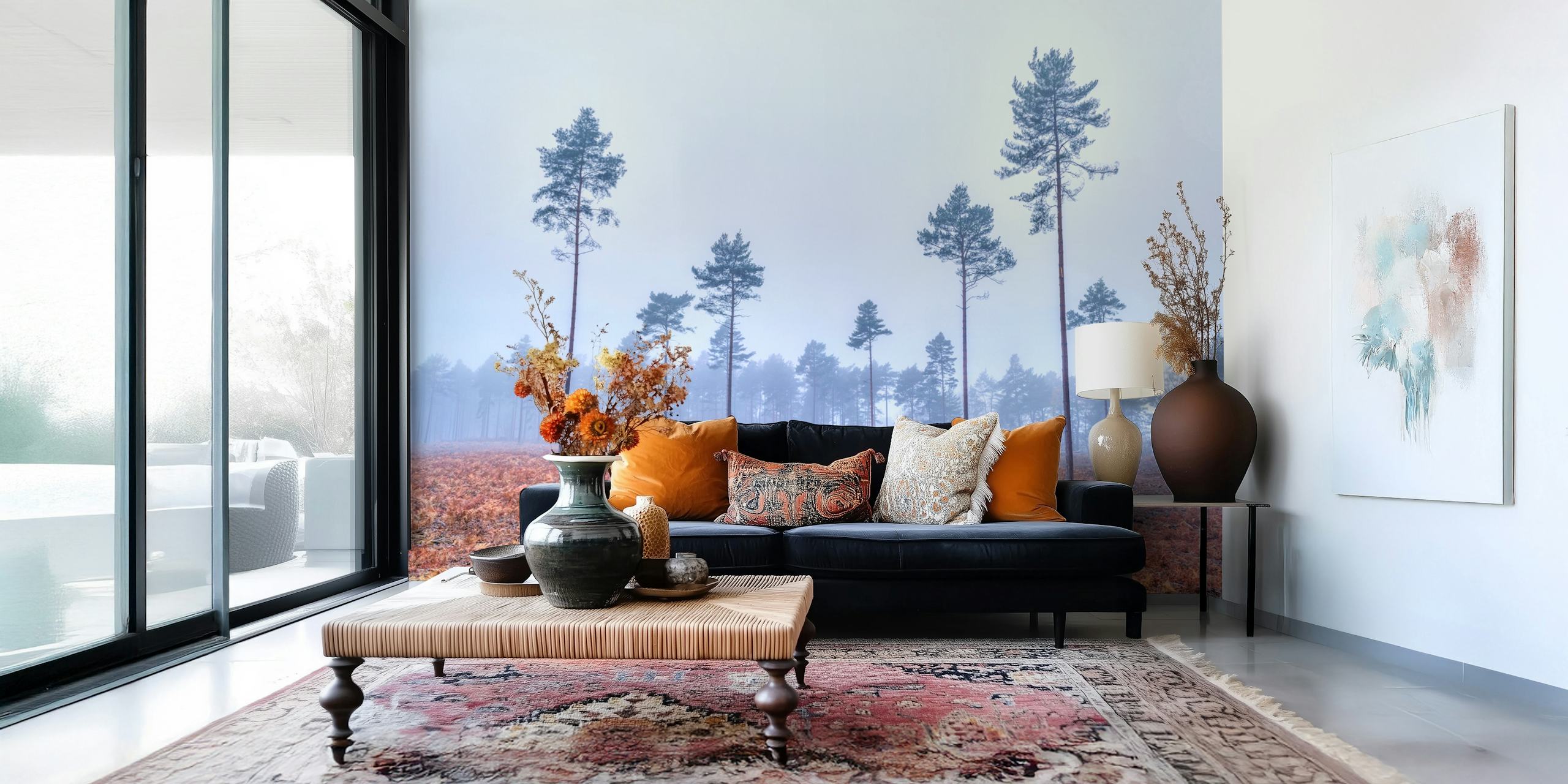 Papel tapiz de bosque brumoso en una habitación