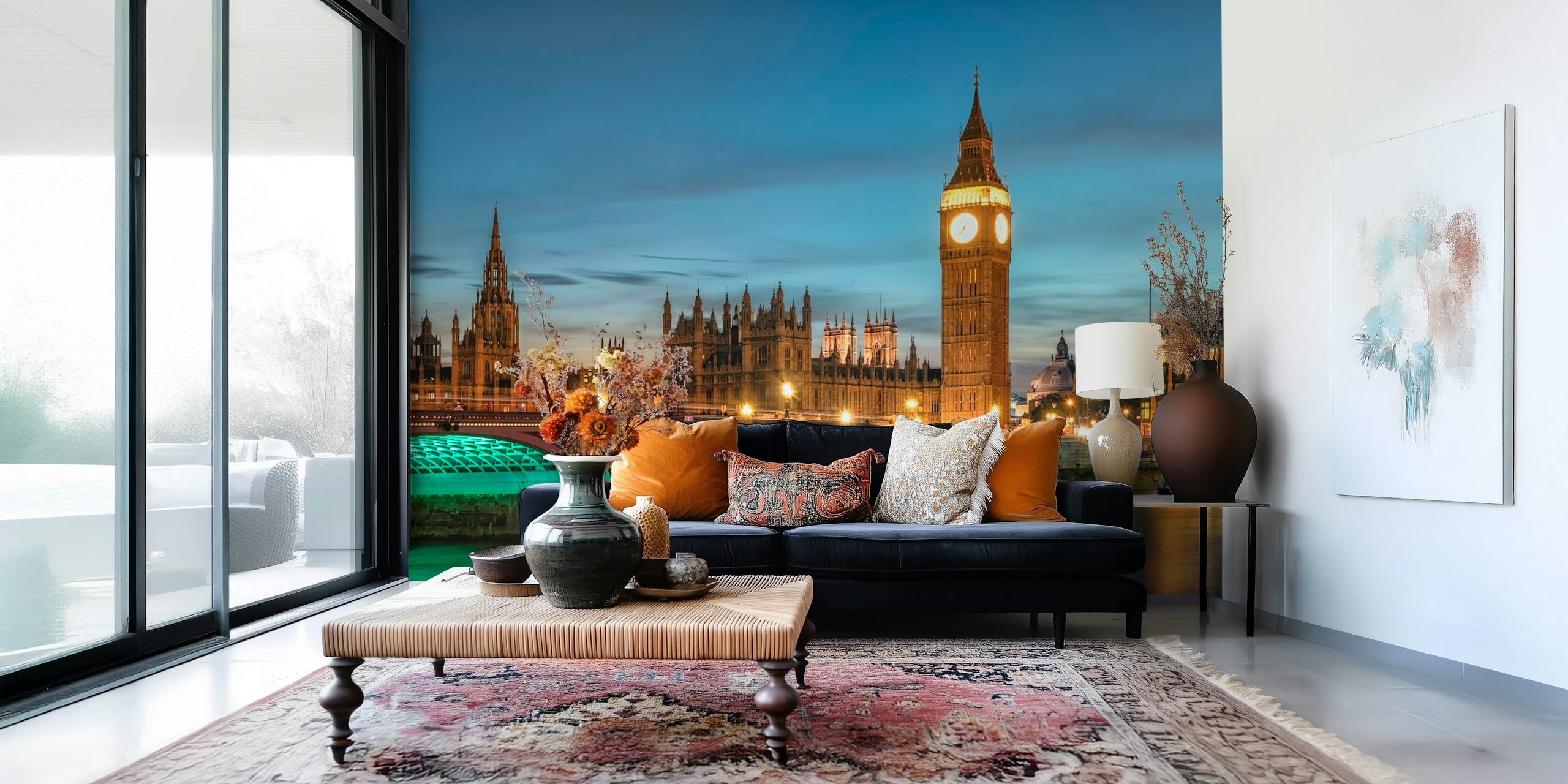 London skyline at dusk with blue and gold tones wallpaper