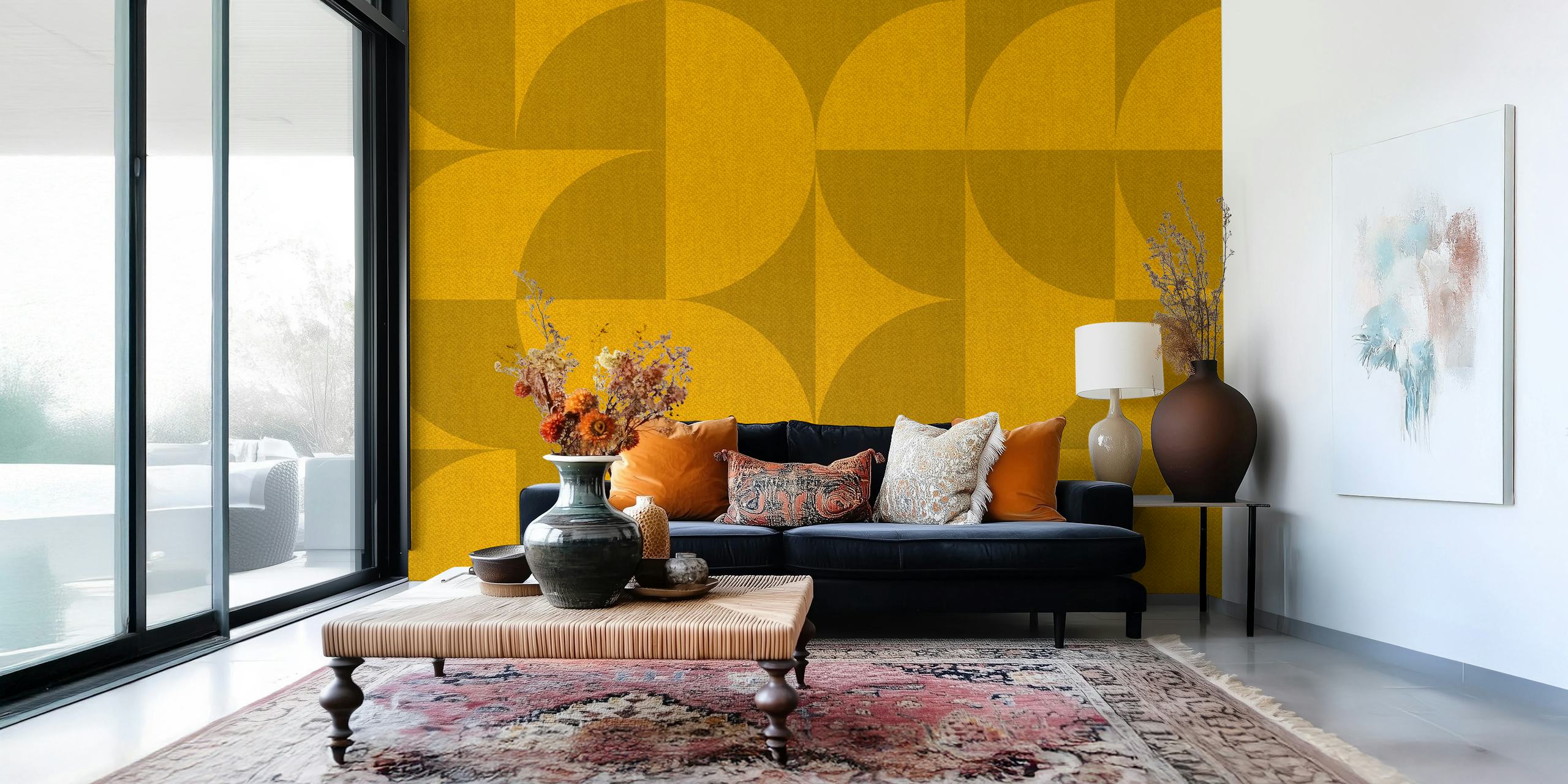 Mid-Century Muted Curry Geometry i ett stiligt rum
