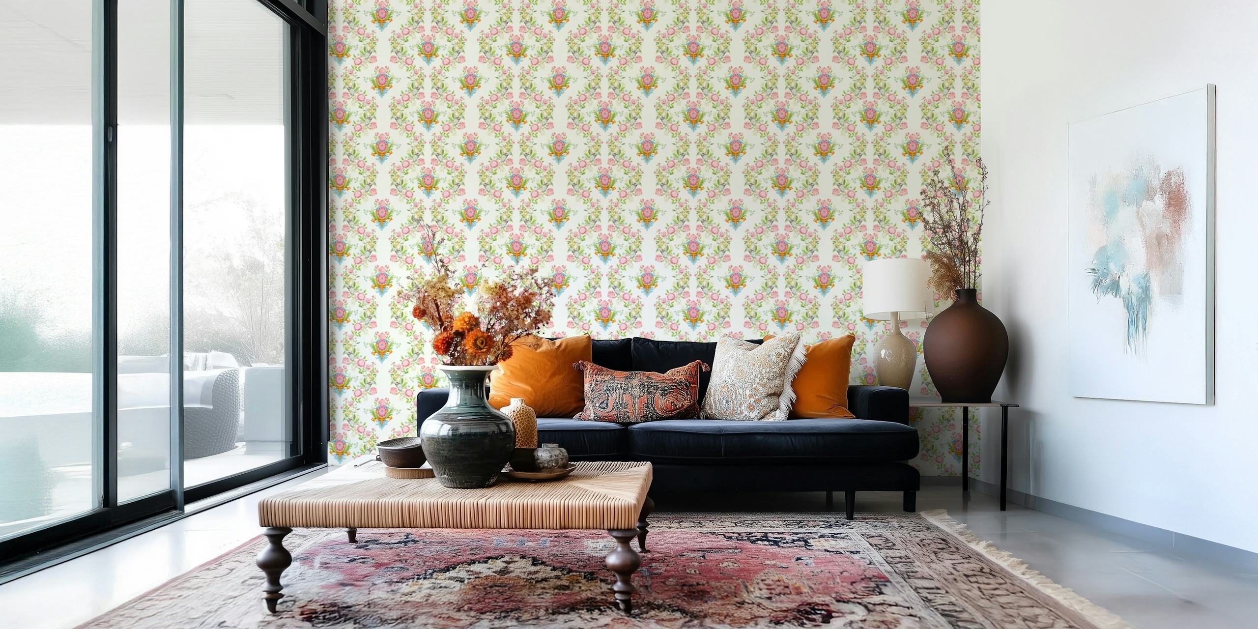 Chinoiserie garden wallpaper featuring pink peonies and doves on a soft white background