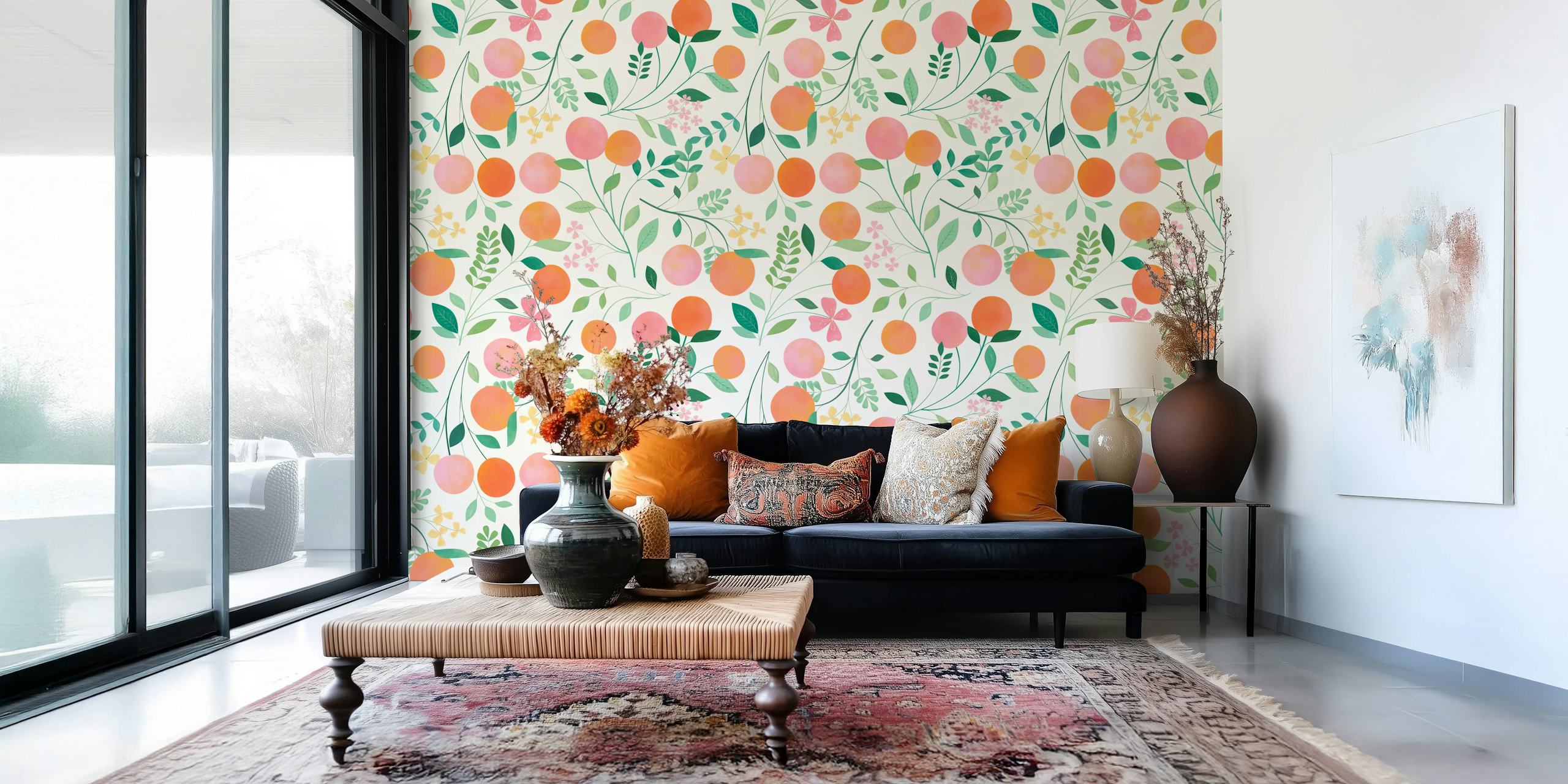 Peach and pink floral wallpaper with green leaves