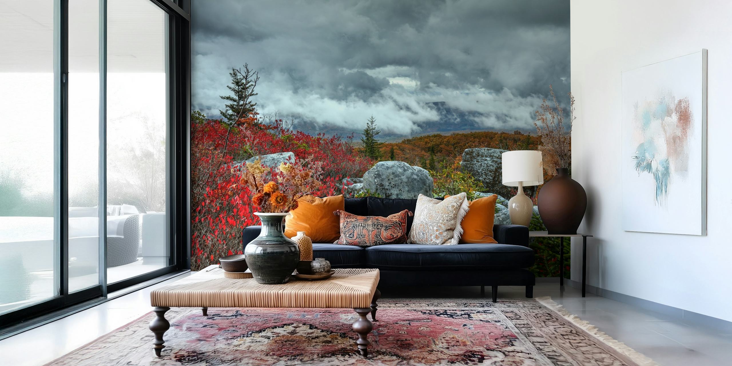 Storm over Dolly Sods Wilderness with vibrant red foliage and moody skies wall mural