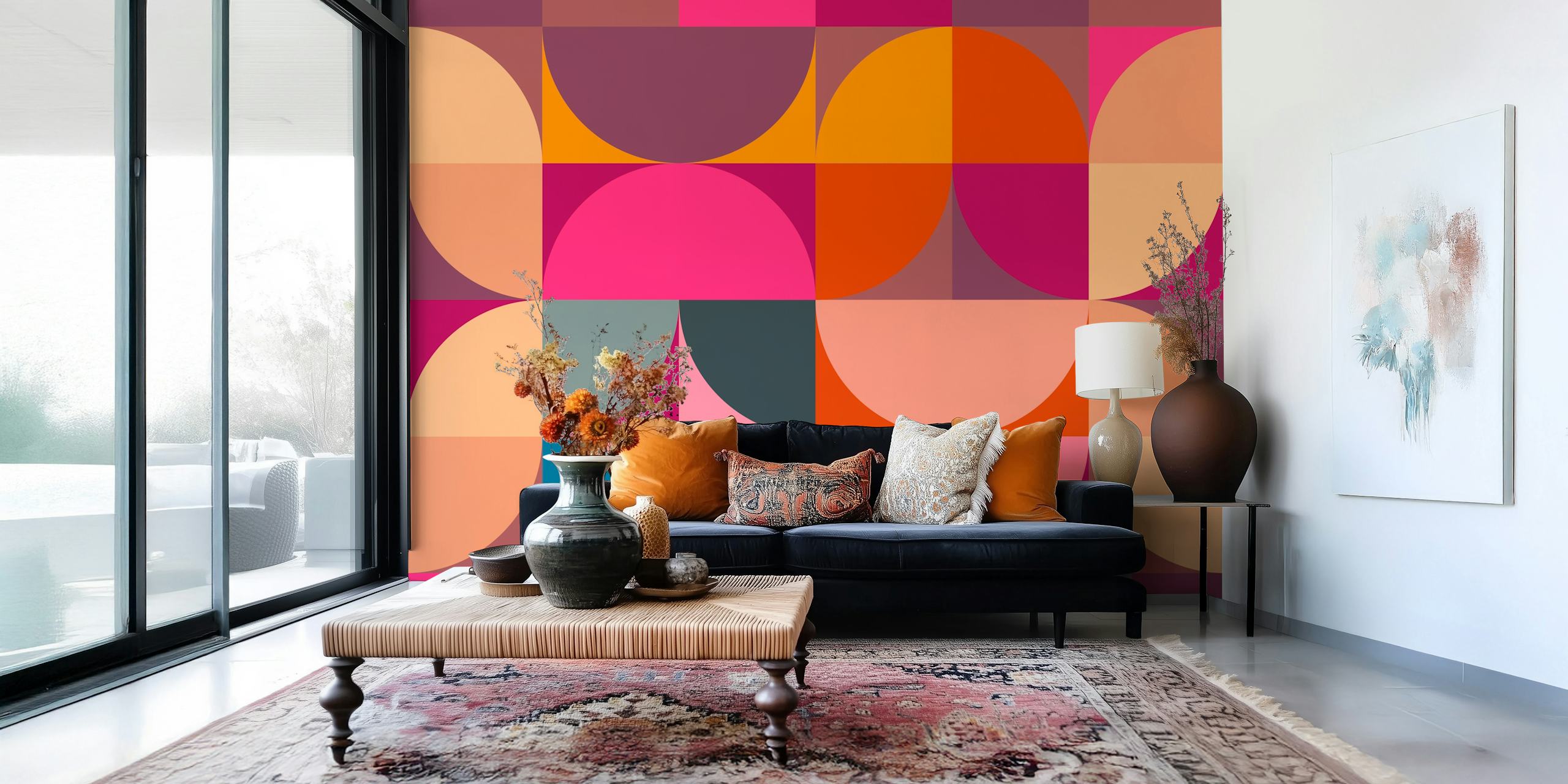 Mid-Century Spring Geometry wall mural with harmonious geometric shapes in purple, orange, and pink hues