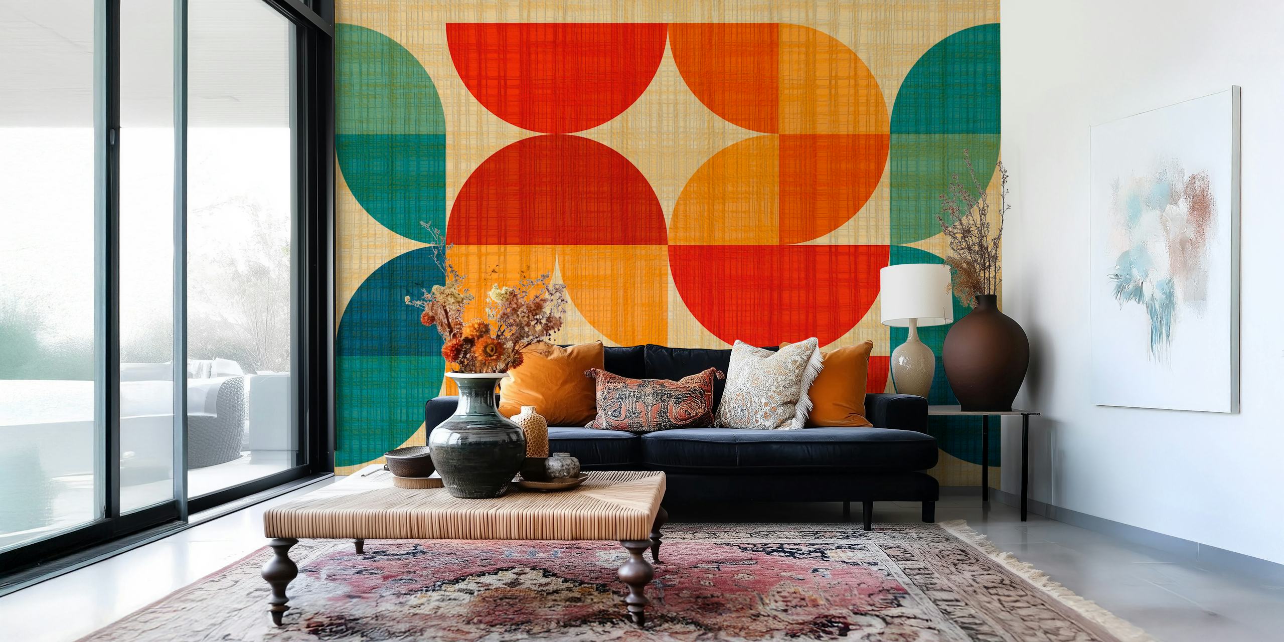 Tapeta Mid-Century Modern Retro Geo s geometrickými tvary v teplých tónech.