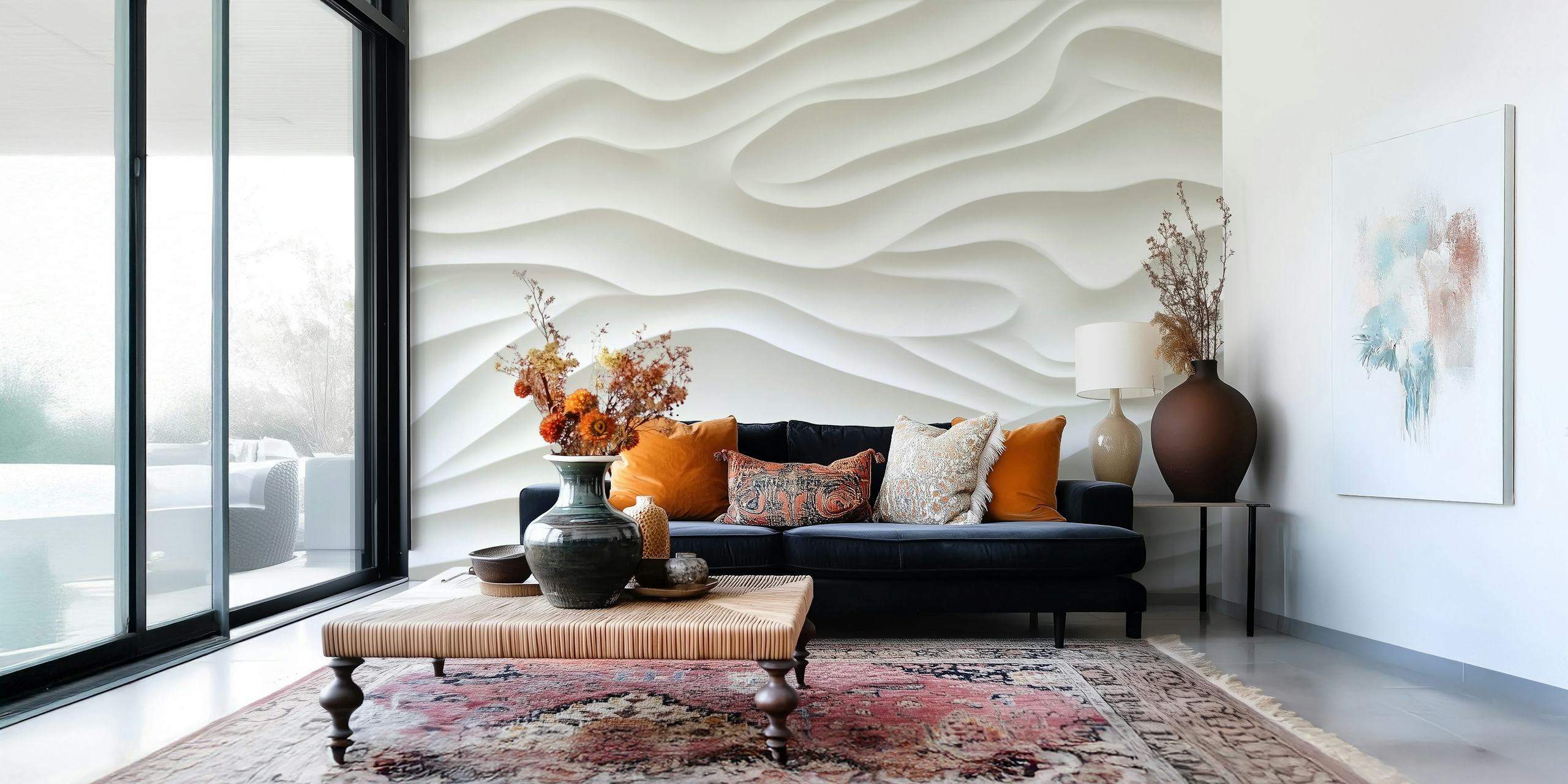 White textured wallpaper with smooth, flowing wave patterns