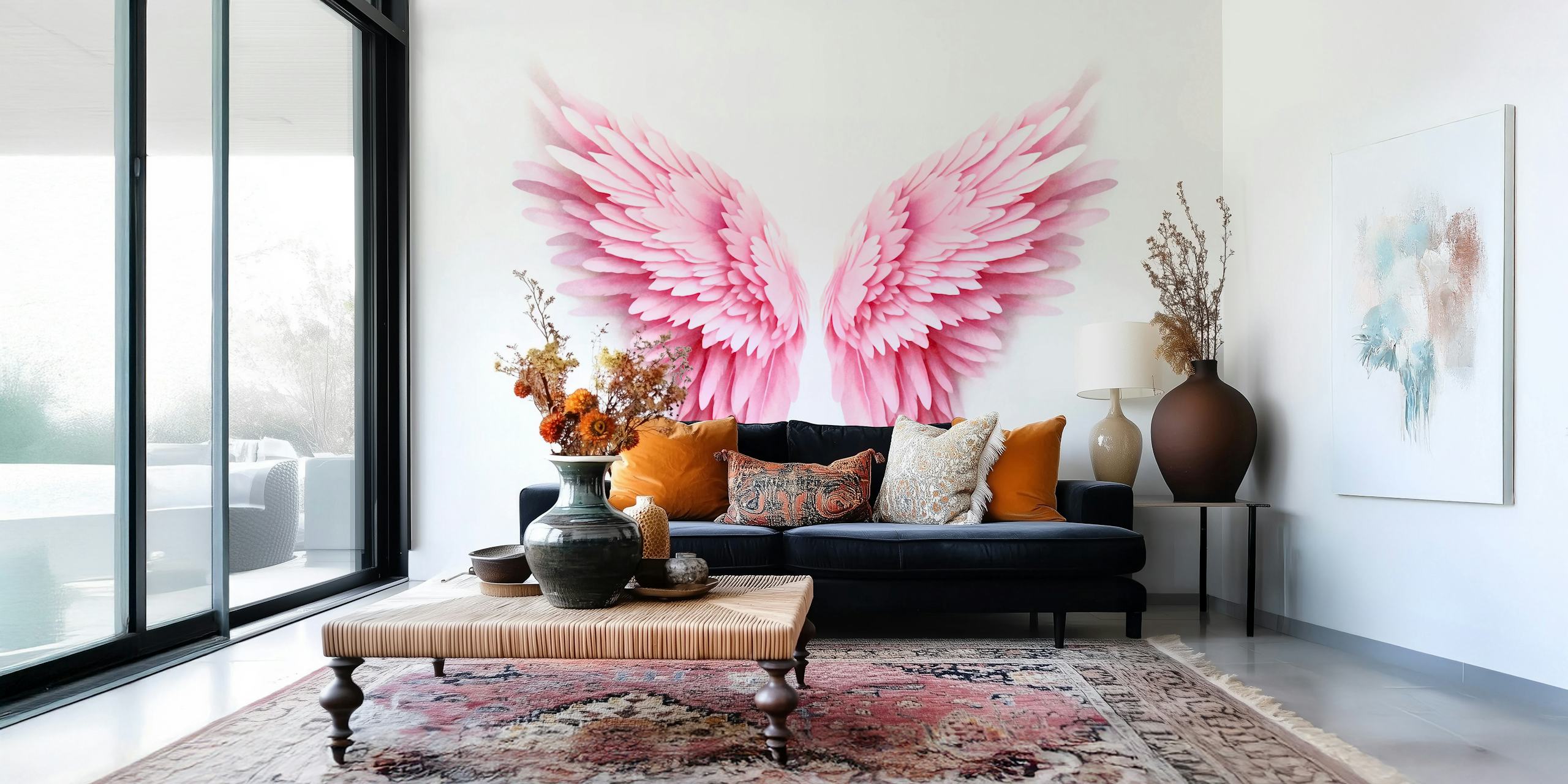 Pink Watercolor Guardian Angel Wings mural with soft feathery details