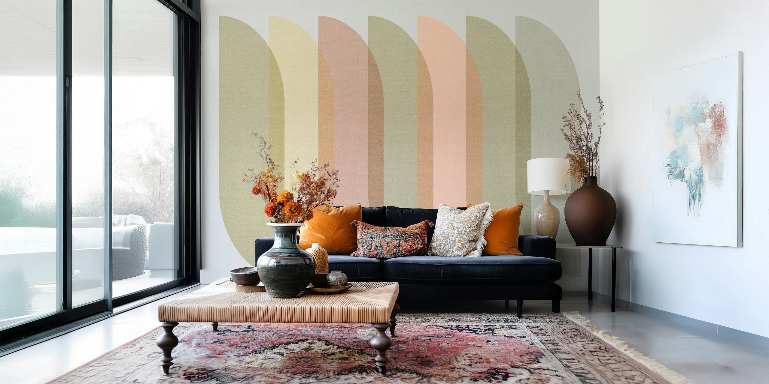 Curved shapes in soft pastel colors blushing pink, beige, and green geometric wallpaper