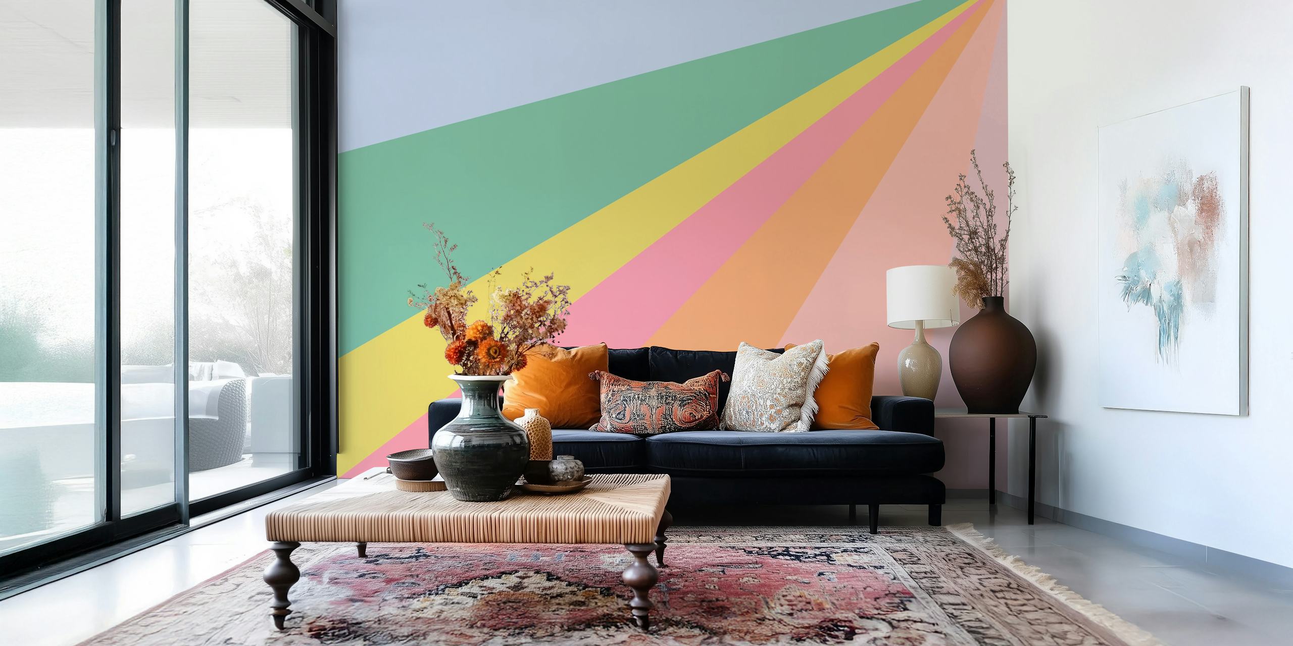 Vibrant Pastel Abstract Sunburst papel de parede em um quarto