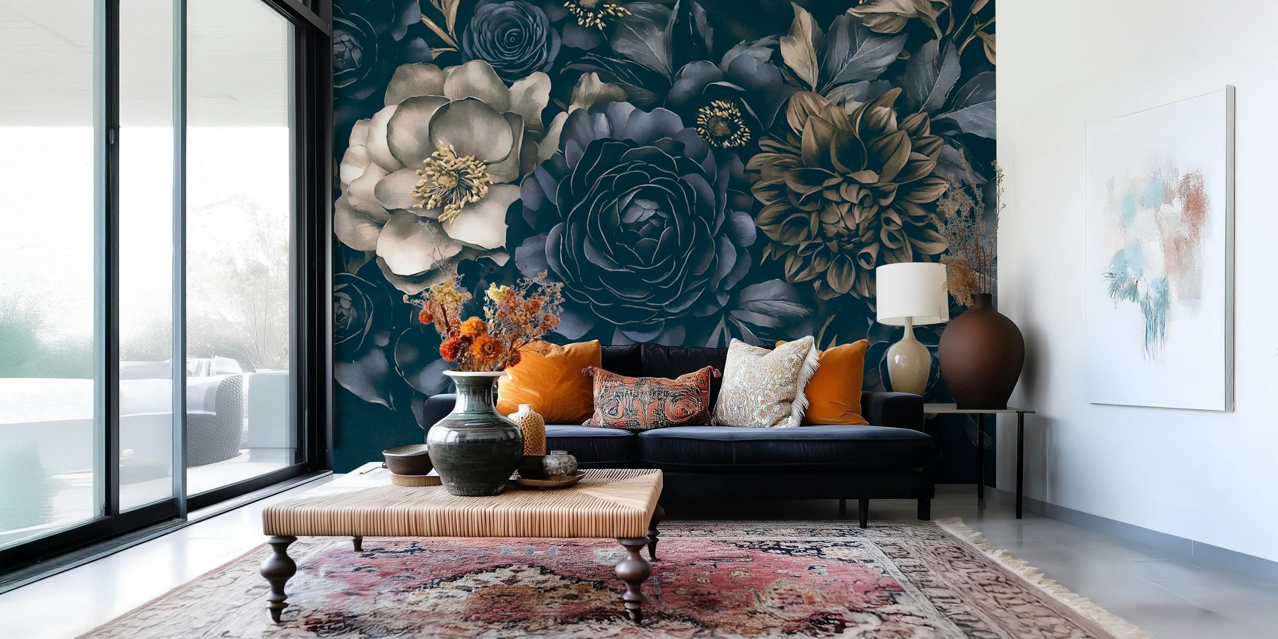 Midnight blue floral wallpaper with large flowers and dark leaves