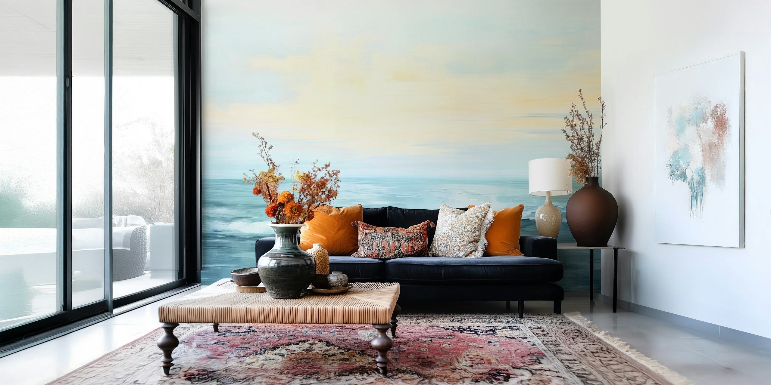 Ocean waves with soft blue and pastel sky colors; abstract wallpaper