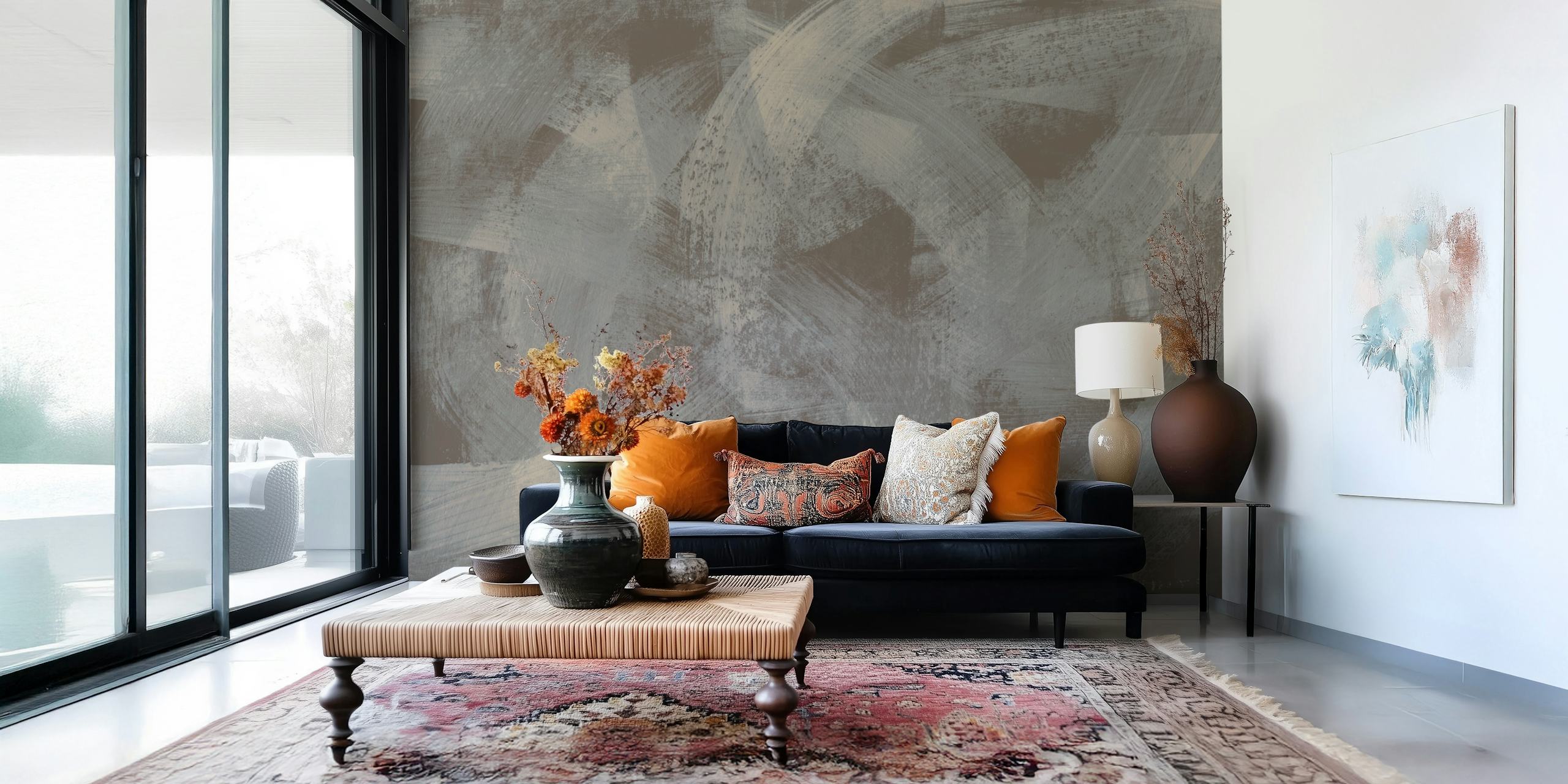 Abstract charcoal brush strokes wallpaper in a room