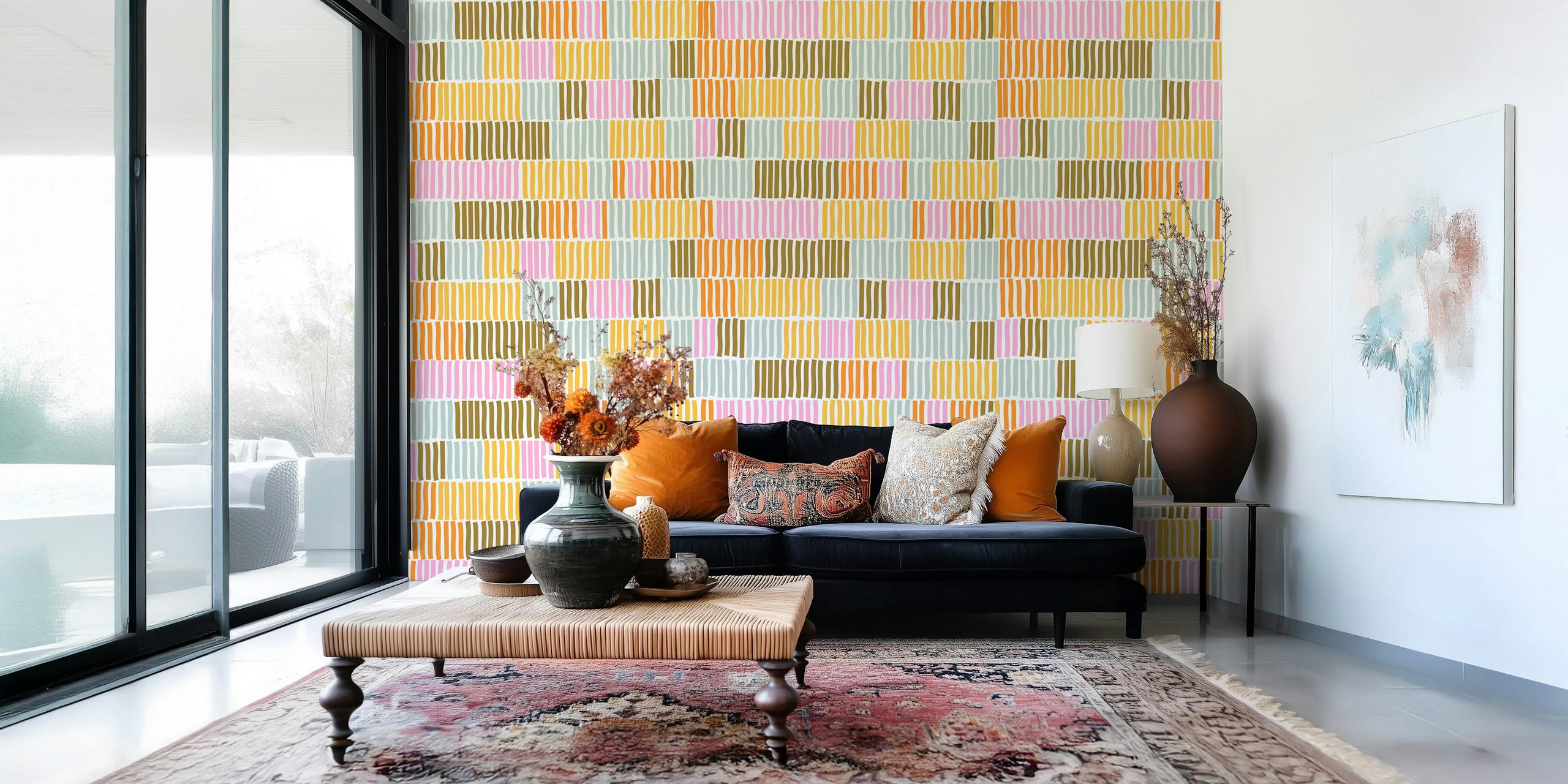 Retro Sunny Pastel Geometric Stripes tapetti huoneessa
