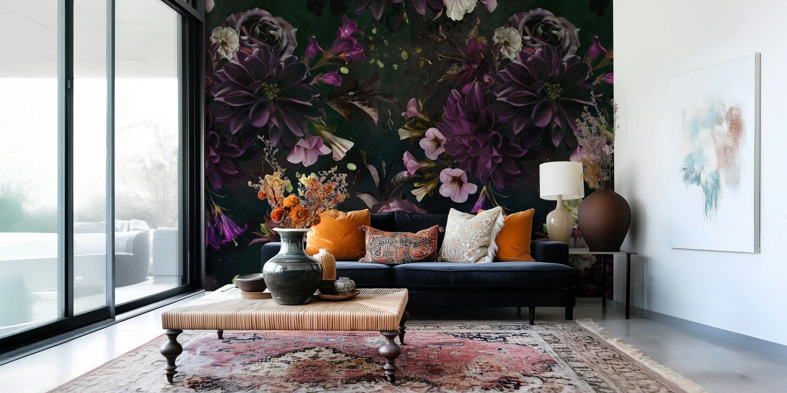 Dark floral patterns in purple and white on black background wallpaper