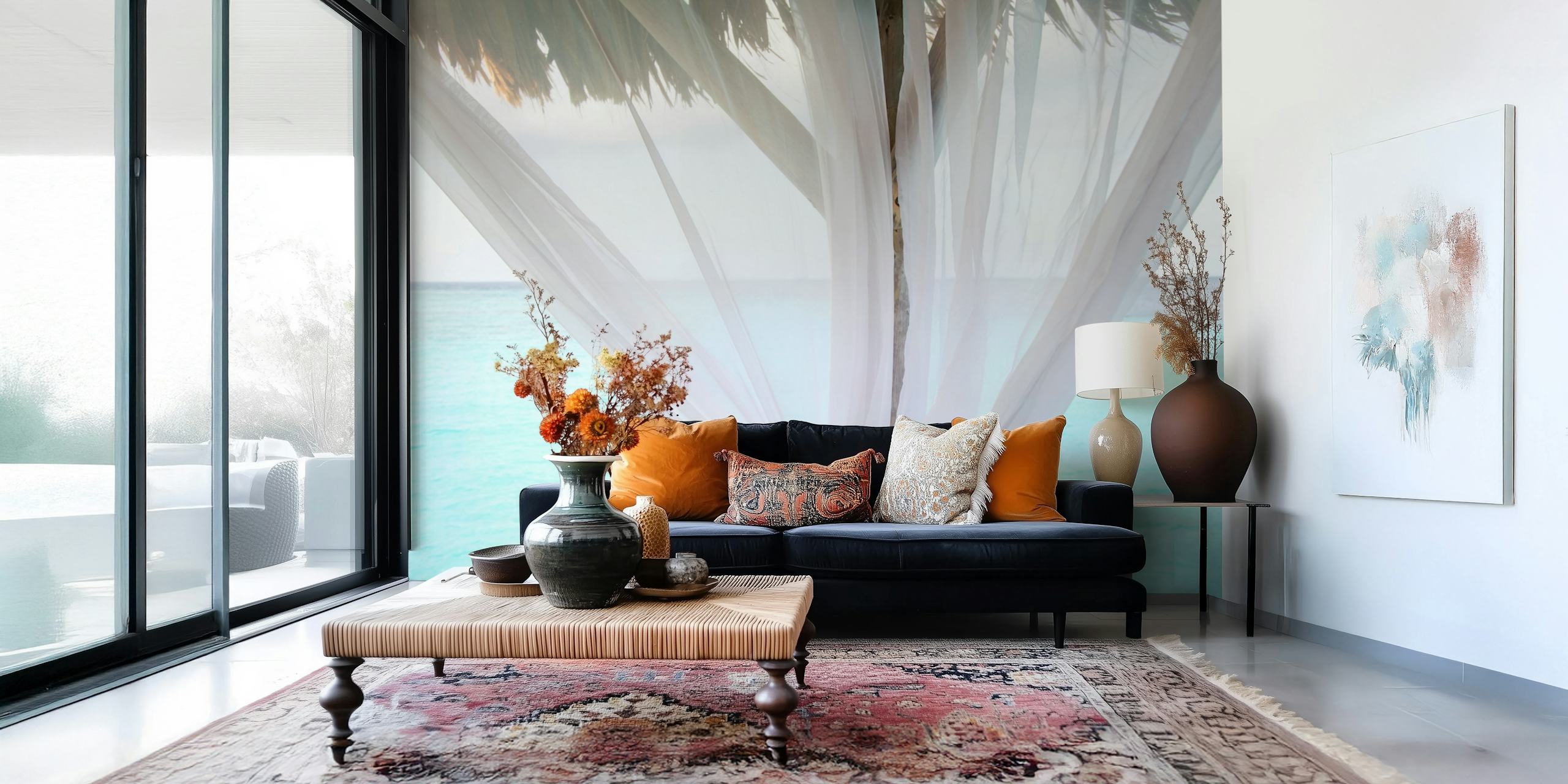 Tropical beach scene with soft pastel hues and sheer drapes wallpaper