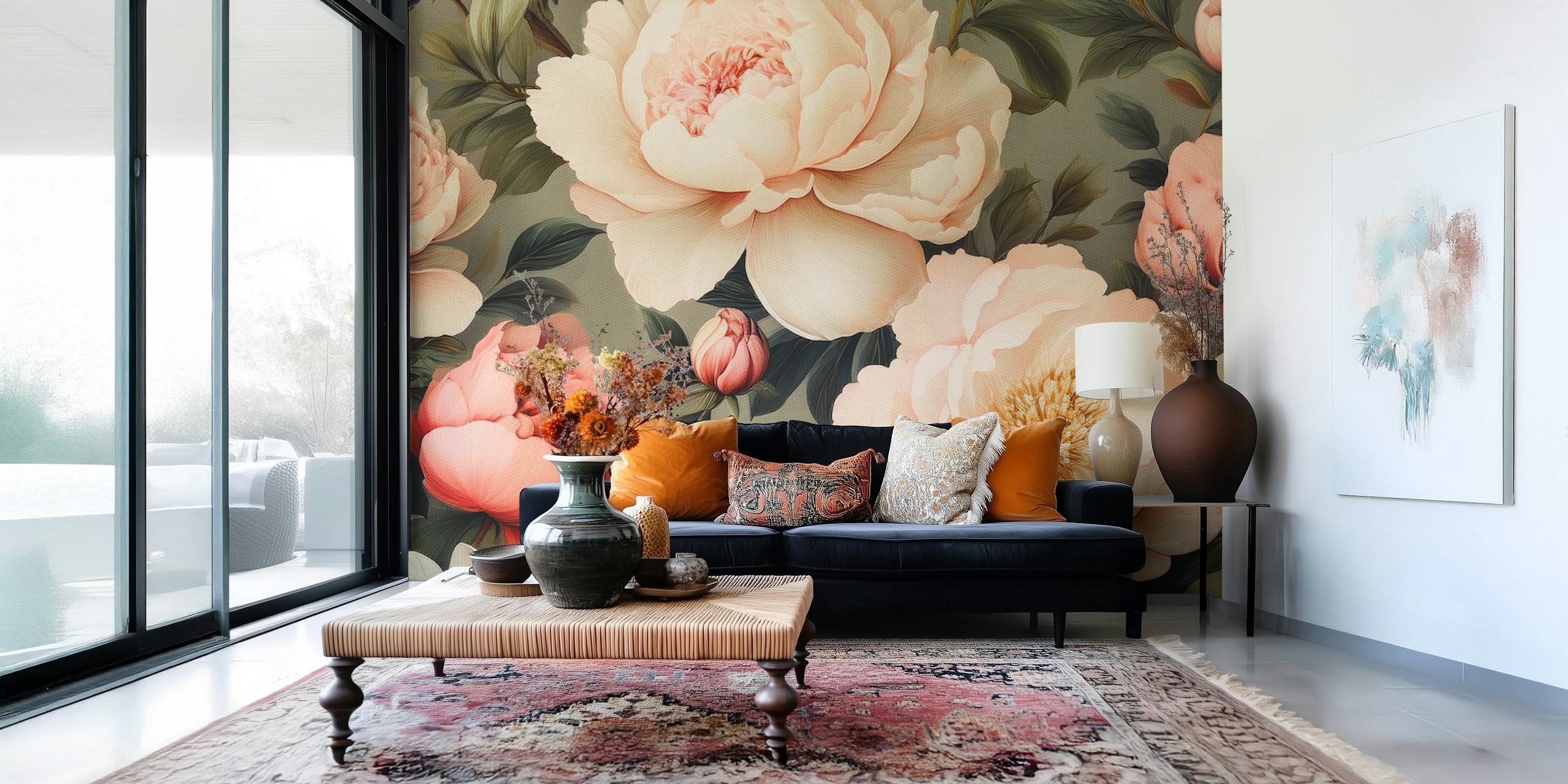 Elegant peony floral design in soft pink and cream wallpaper
