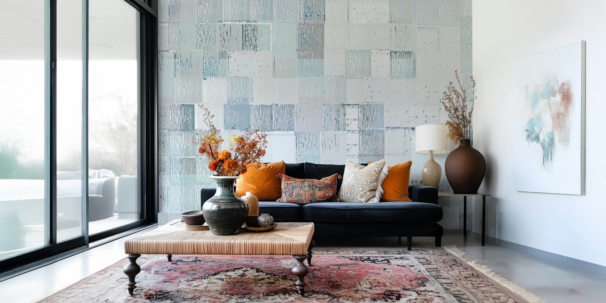 Papel de parede geométrico frosty cubes em um quarto