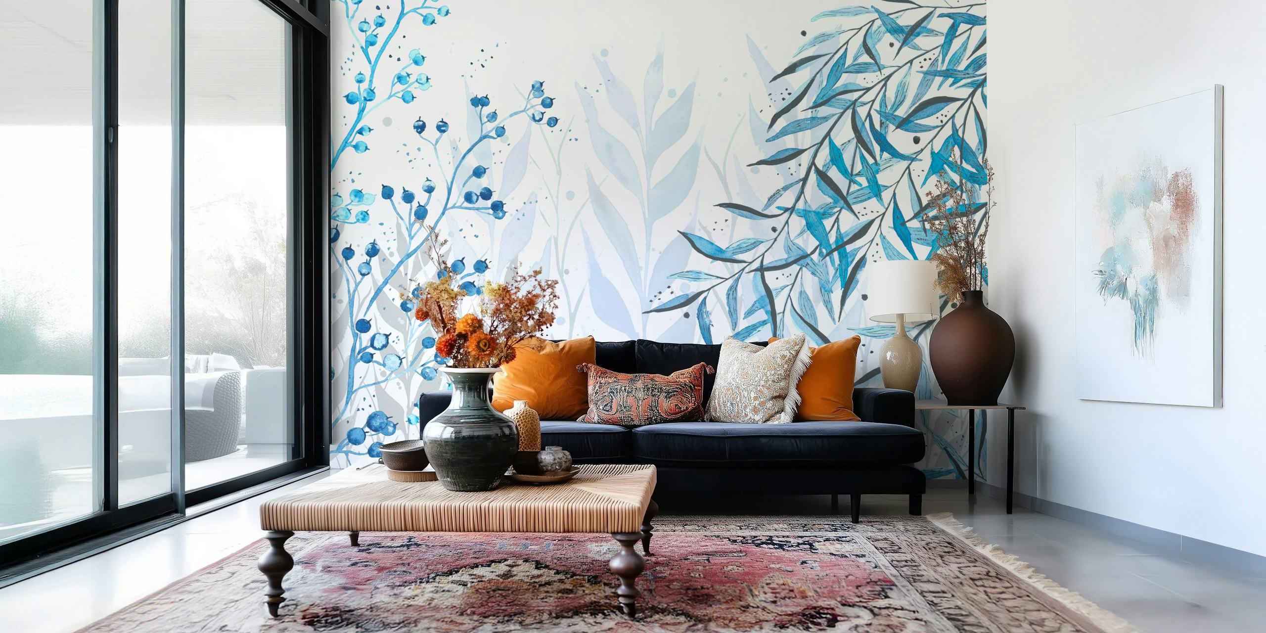Modrá botanická nástěnná tapeta v pokoji