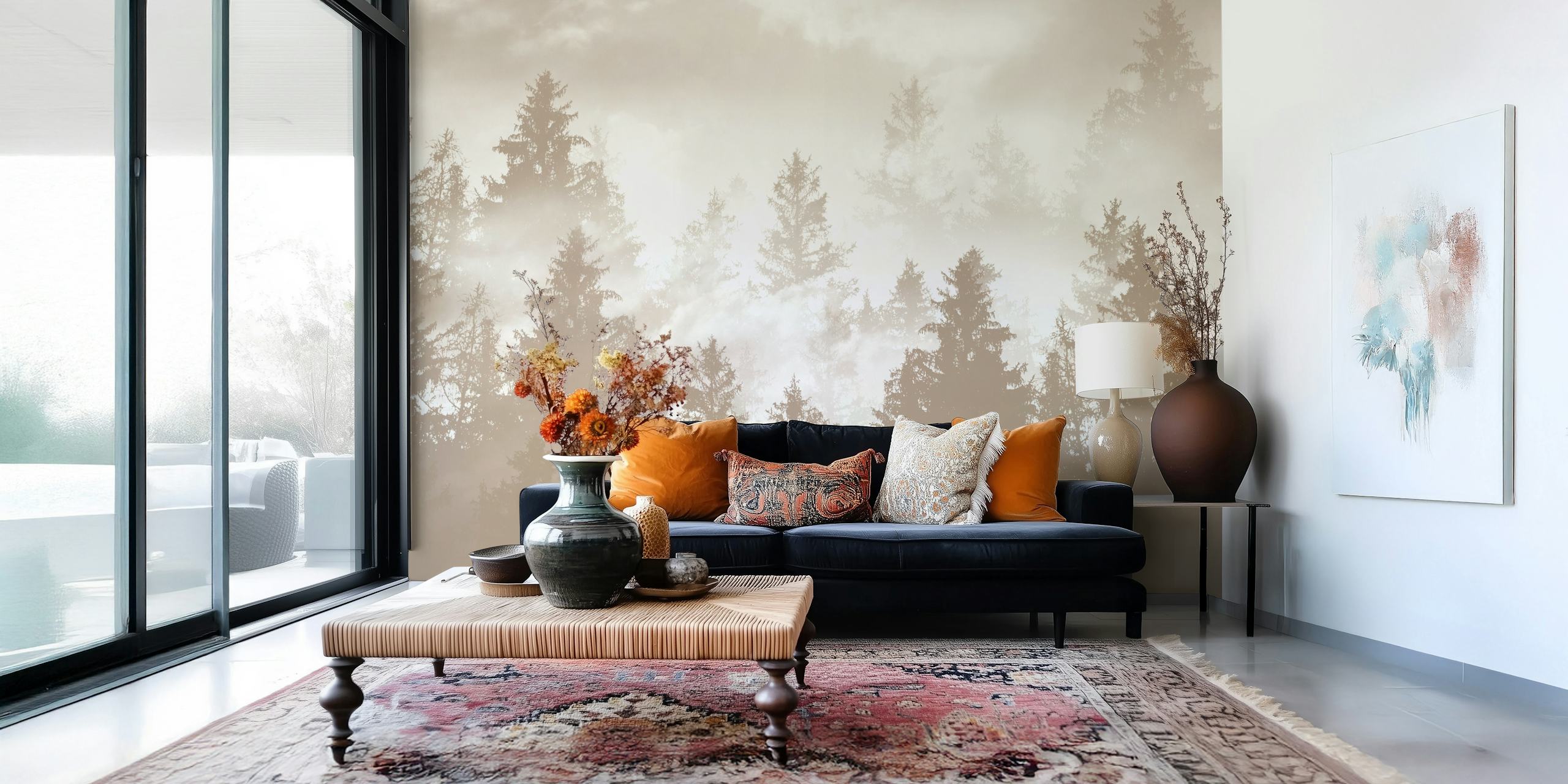 Silhouetted trees in beige tones wall mural