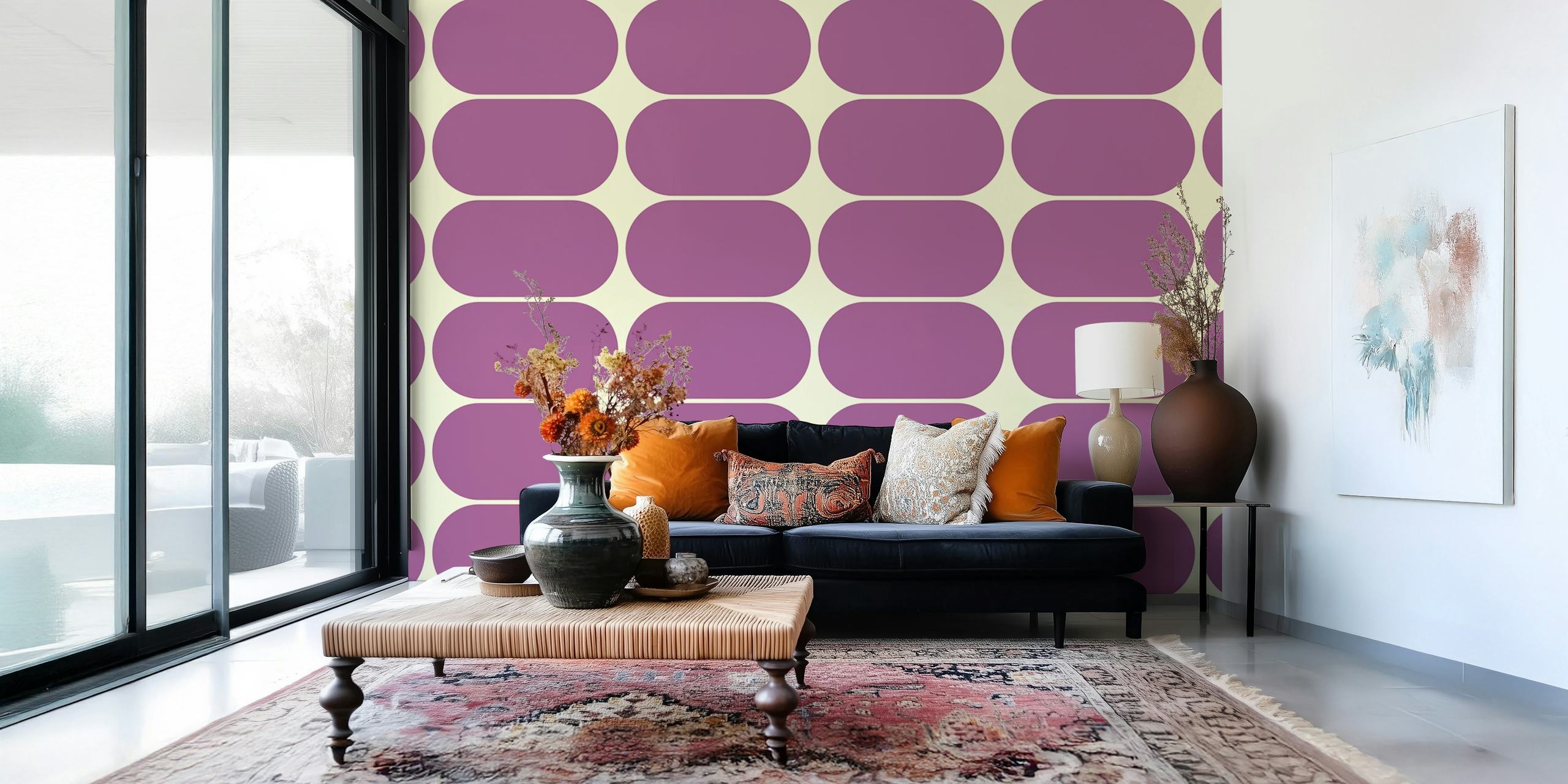 Purple oval shapes on cream background wallpaper