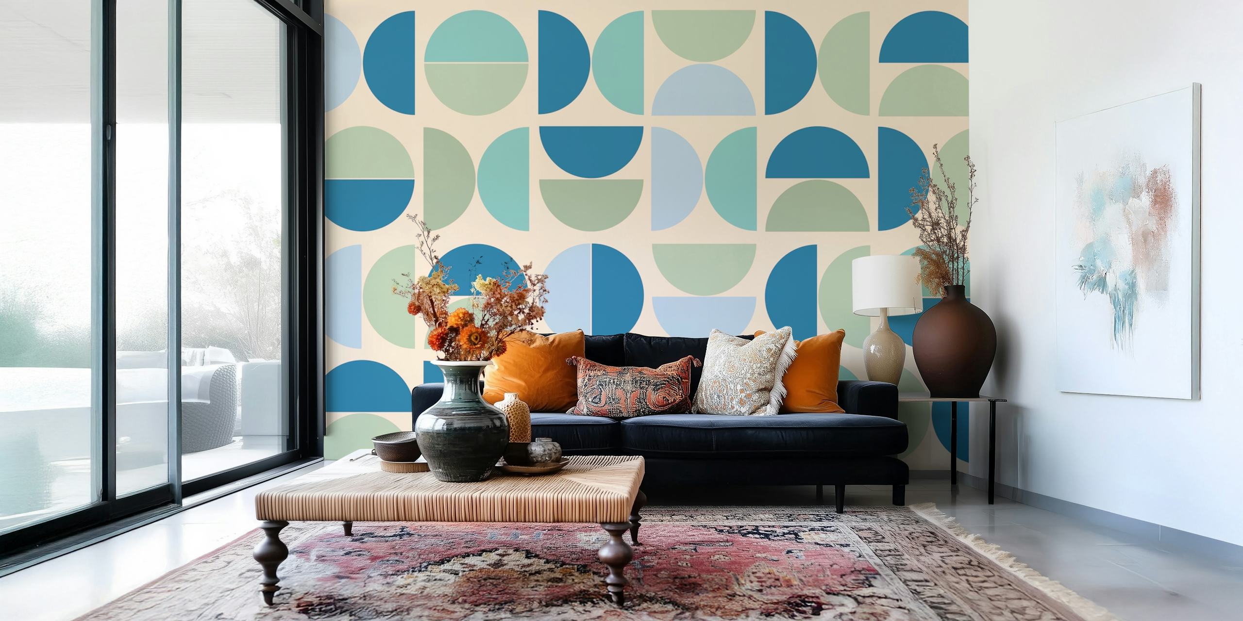 Geometric shapes in aqua, mint, and soft pastel colors wallpaper