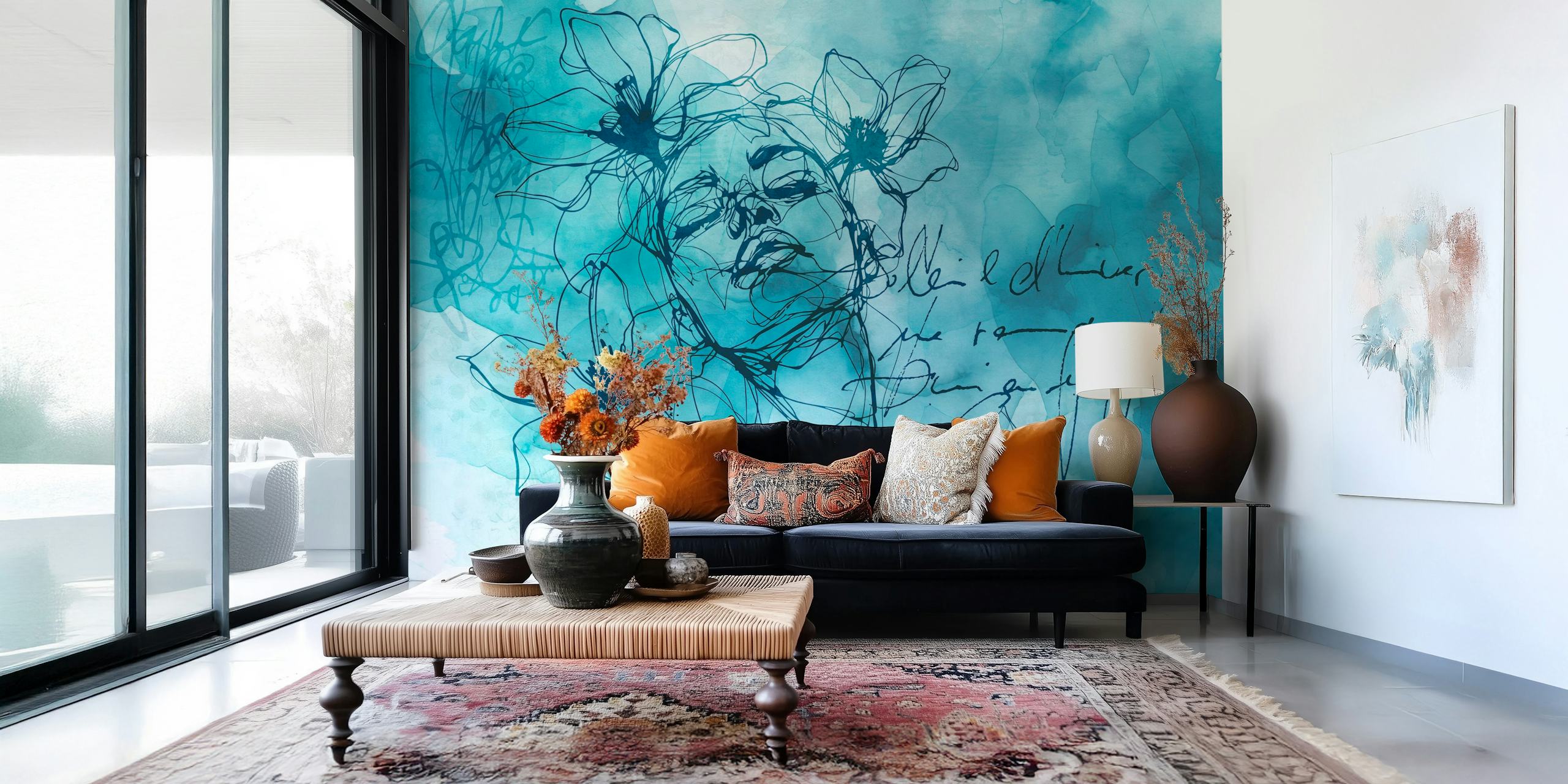 Teal line art of a woman with flowers, watercolor style wallpaper