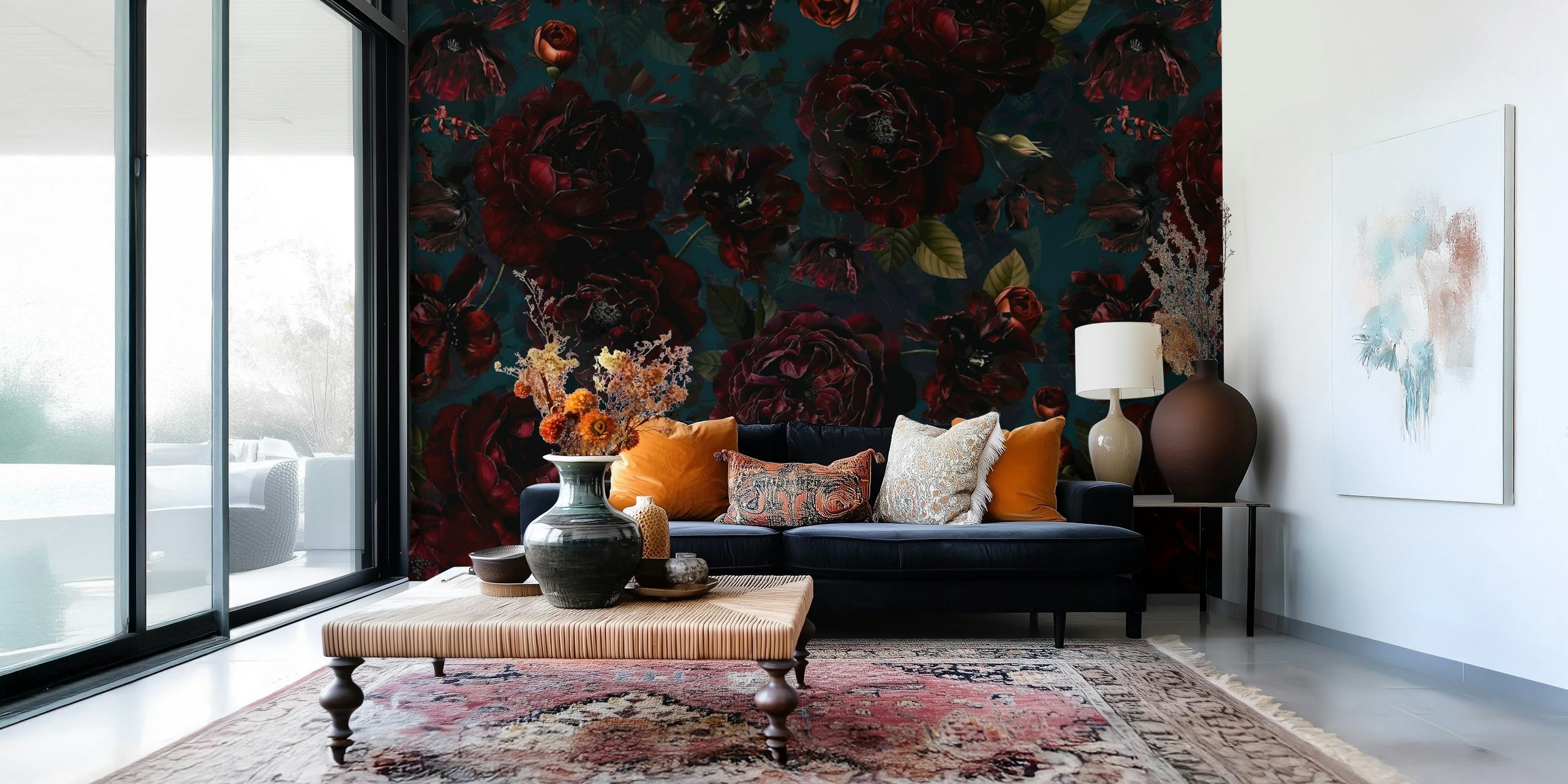 Dark roses with teal background floral wallpaper