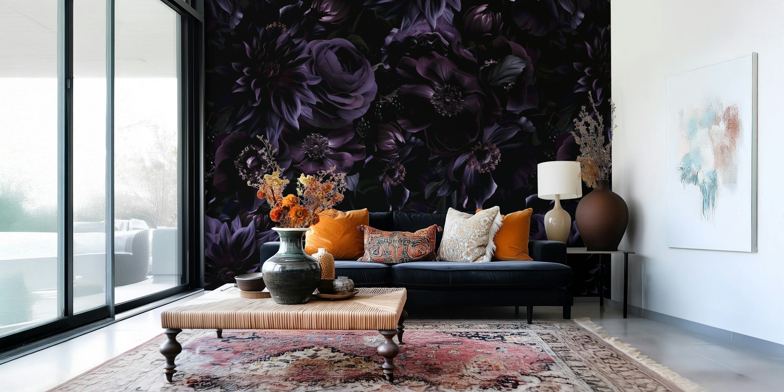 Dark purple floral pattern with roses and dahlias wallpaper