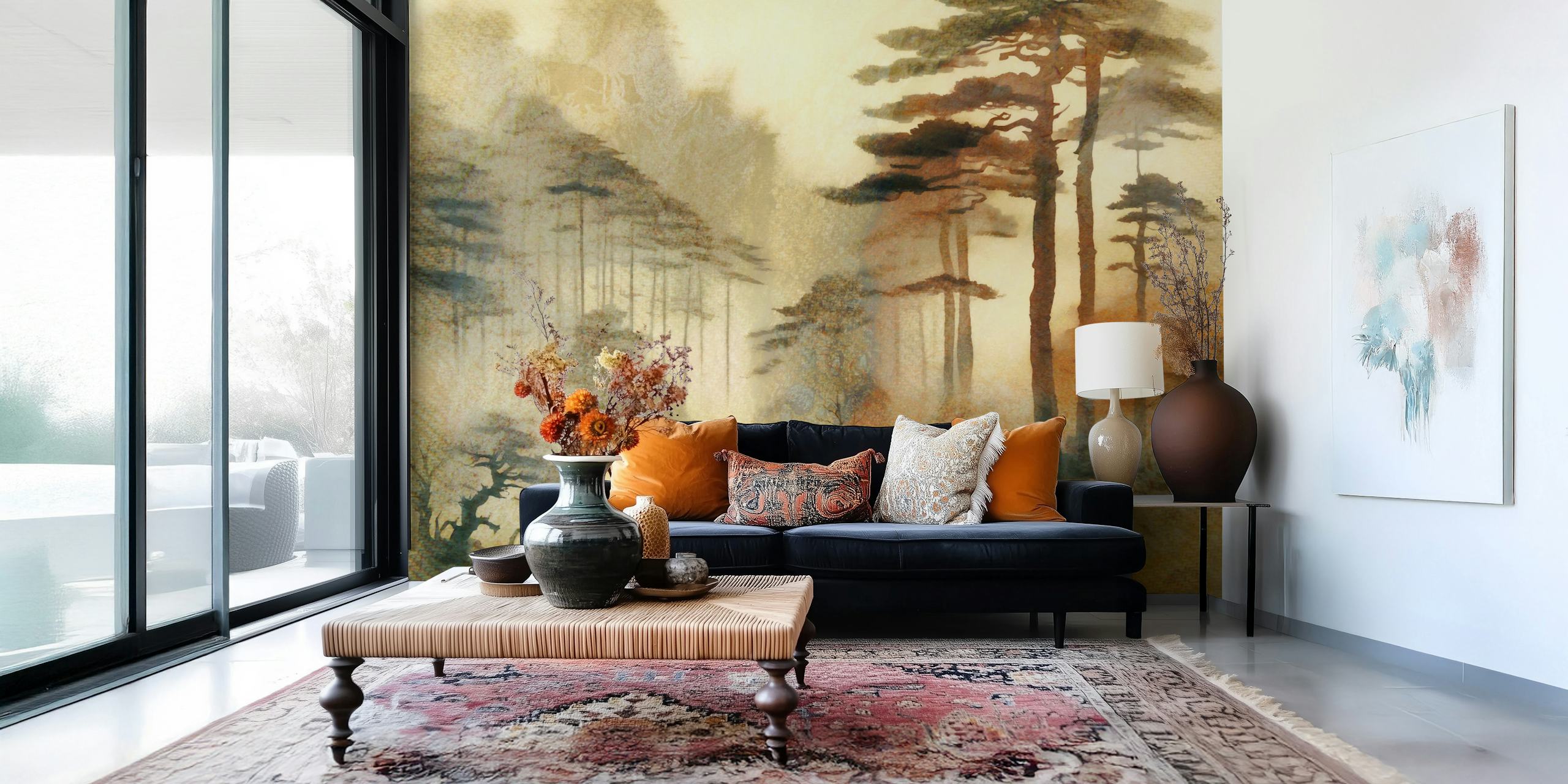 Misty pine forest wallpaper in a room