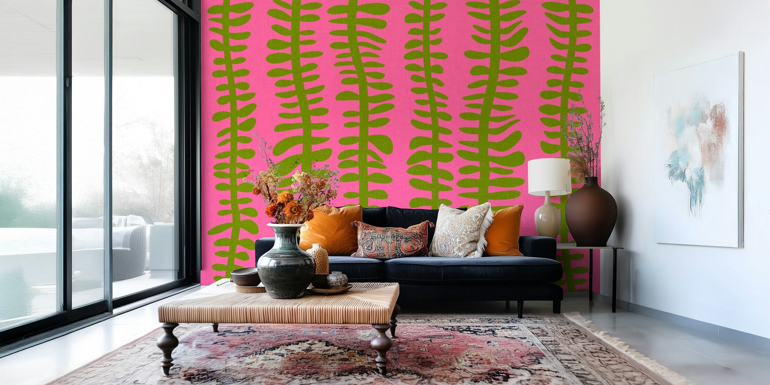 Organic leaves wallpaper on pink background