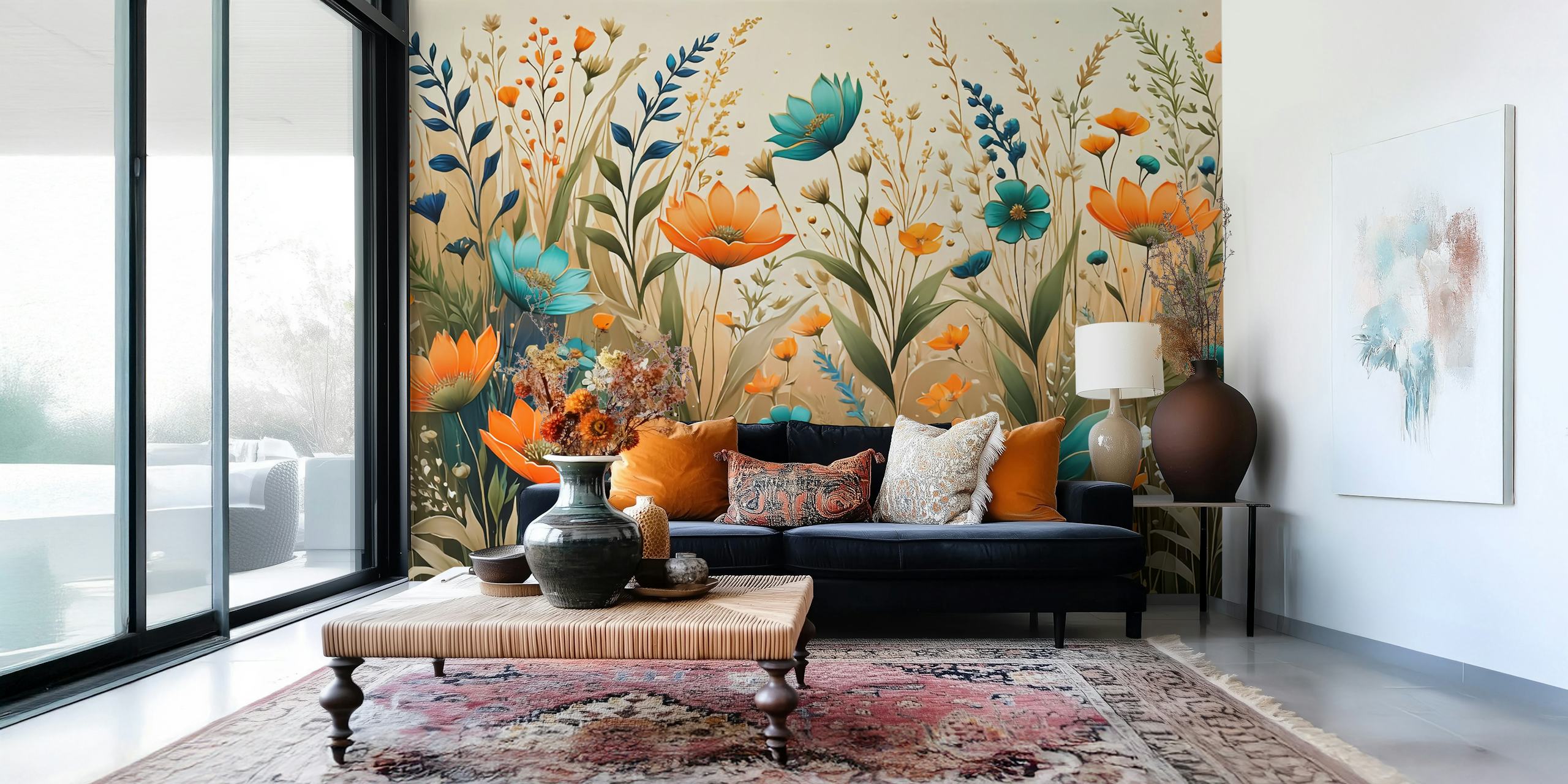 Floral wallpaper with orange and teal flowers on beige background