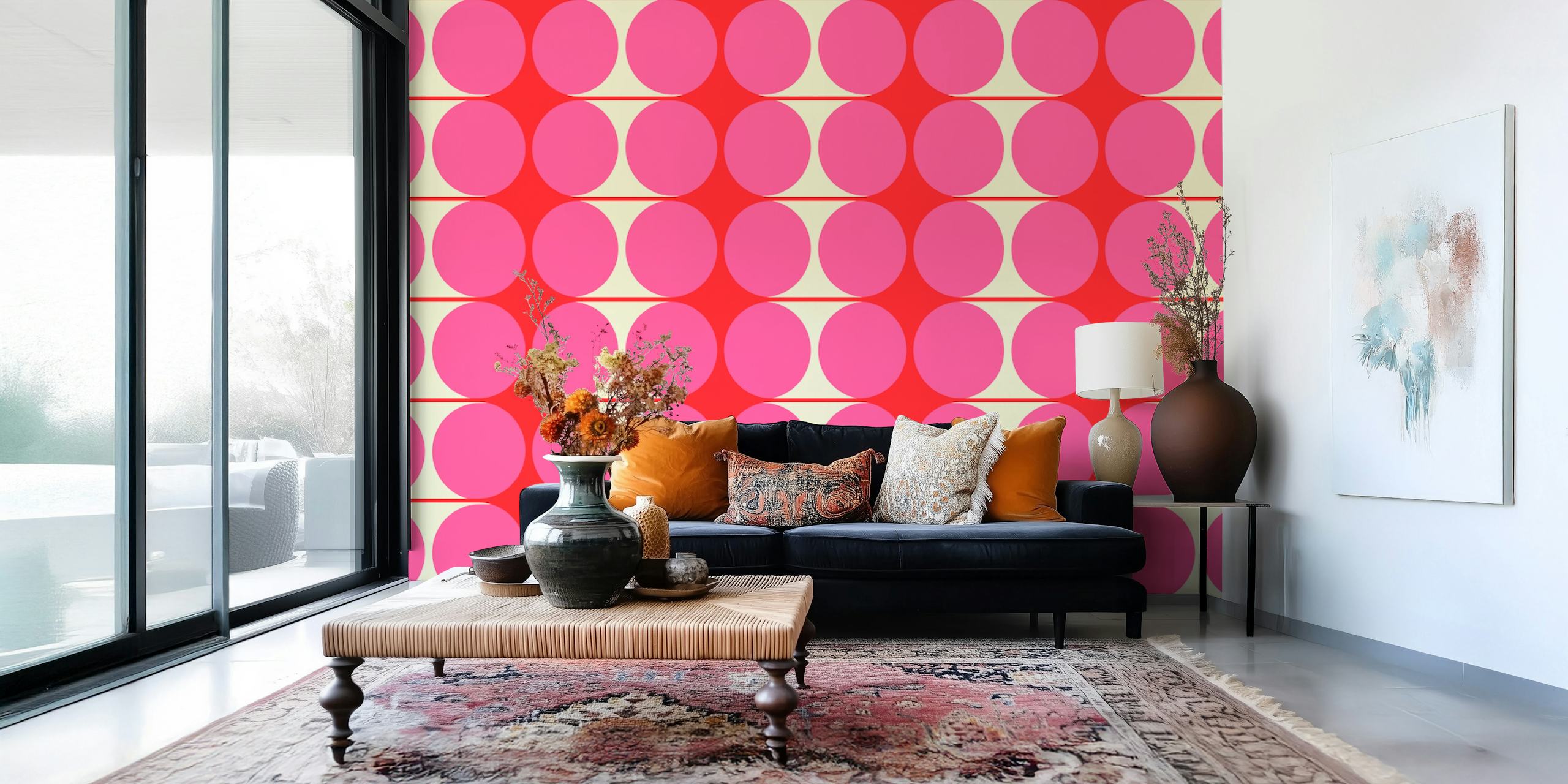 Pink and red circular pattern on cream background wallpaper