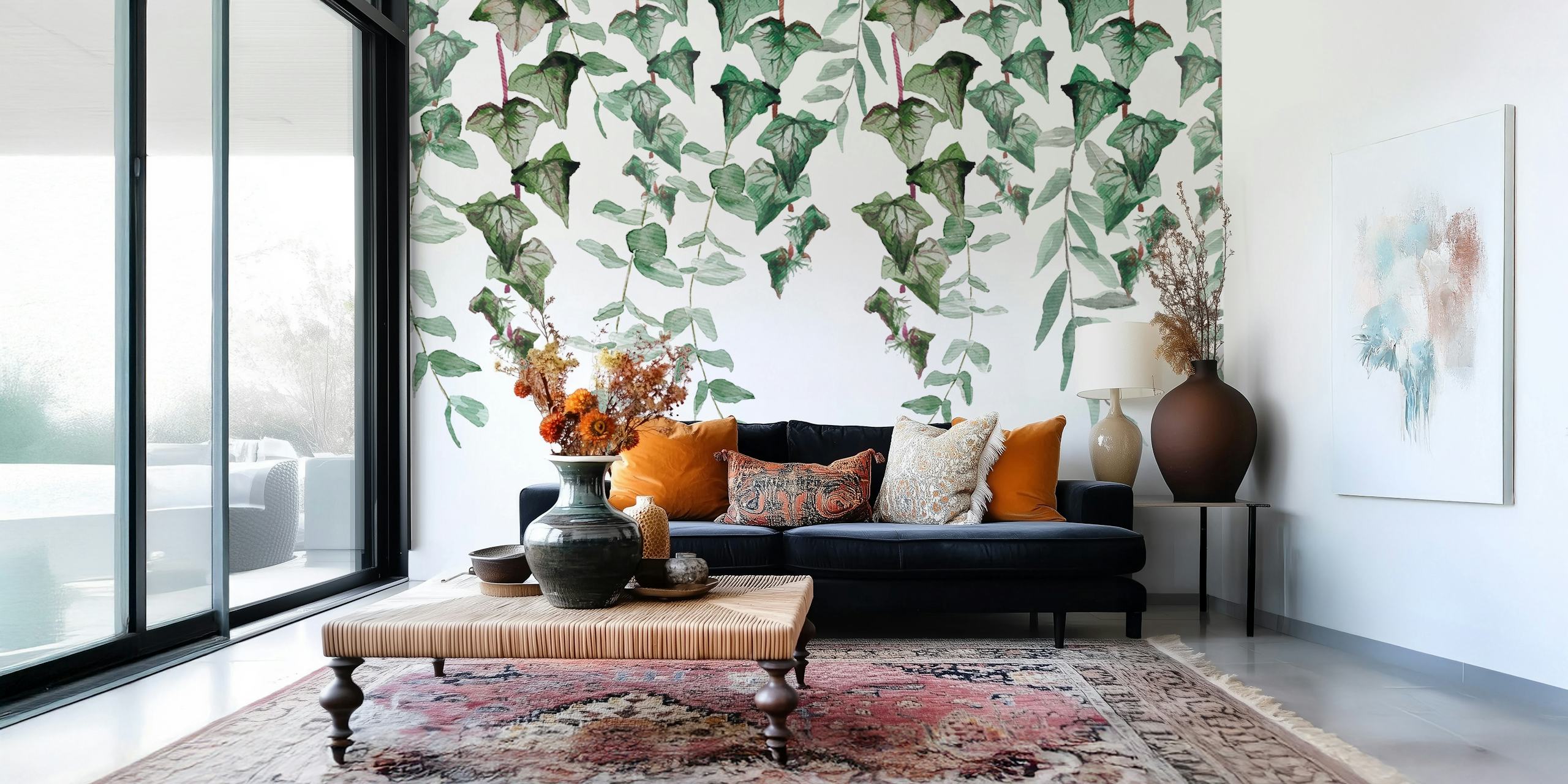 Ivy and eucalyptus leaves in green on white background wallpaper