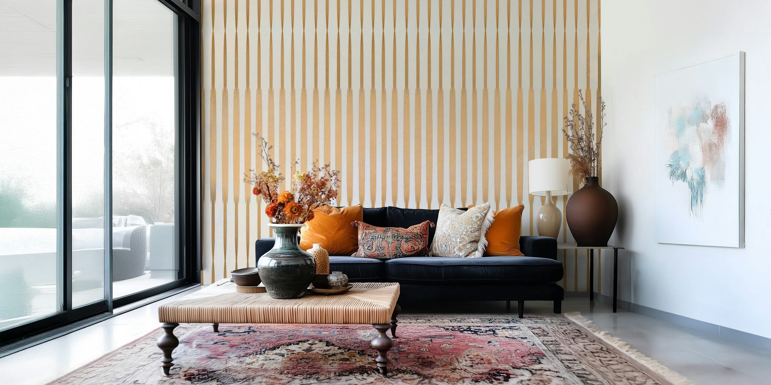 Vertical golden and cream striped wallpaper