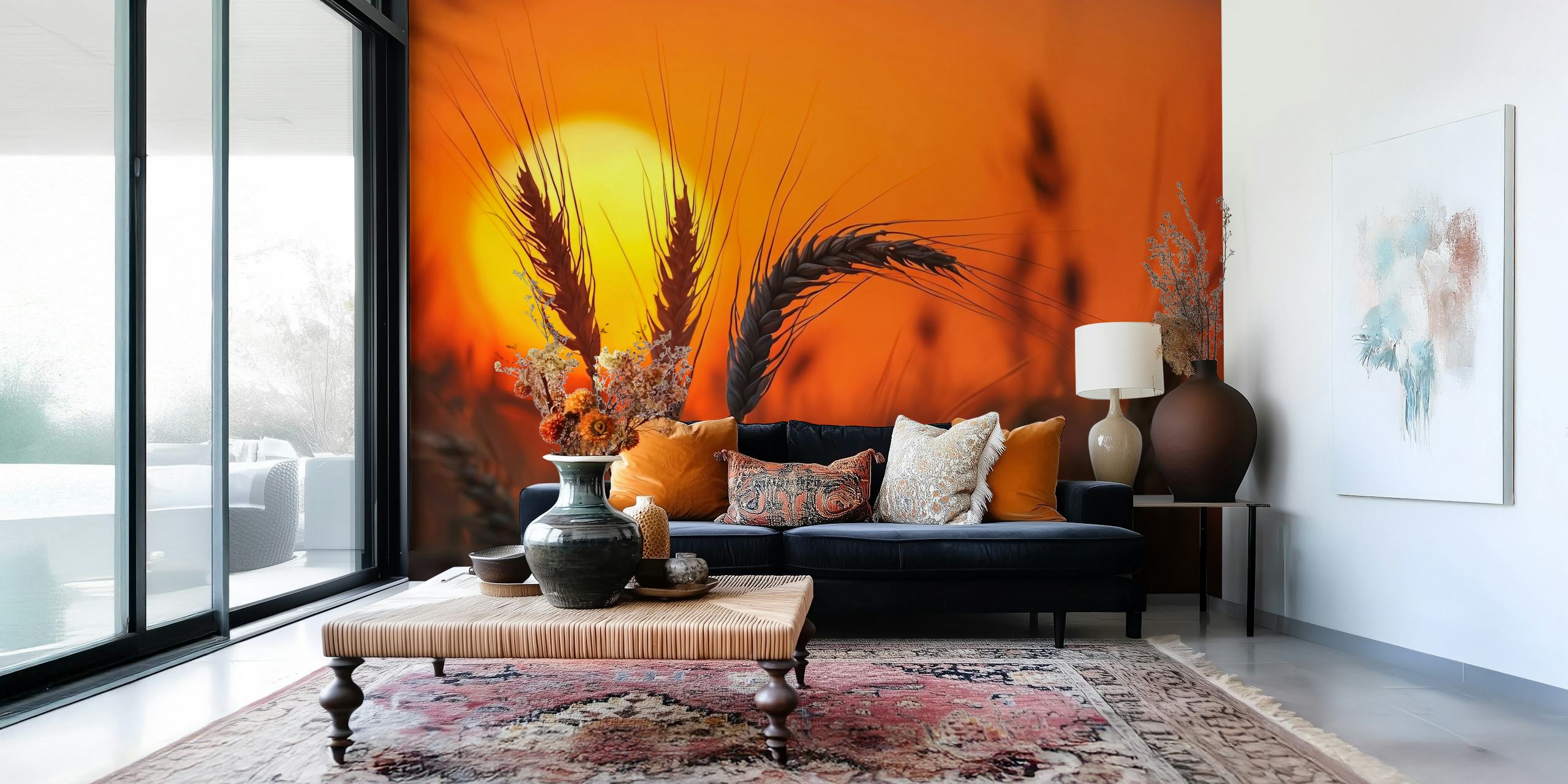 Silhouetted wheat against a warm orange sunset wallpaper